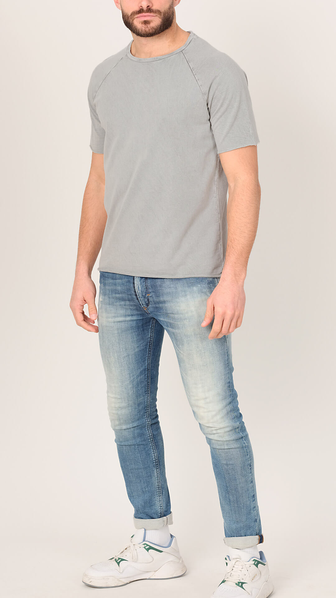 Men's Raglan T-Shirt in Light Grey, Front View.