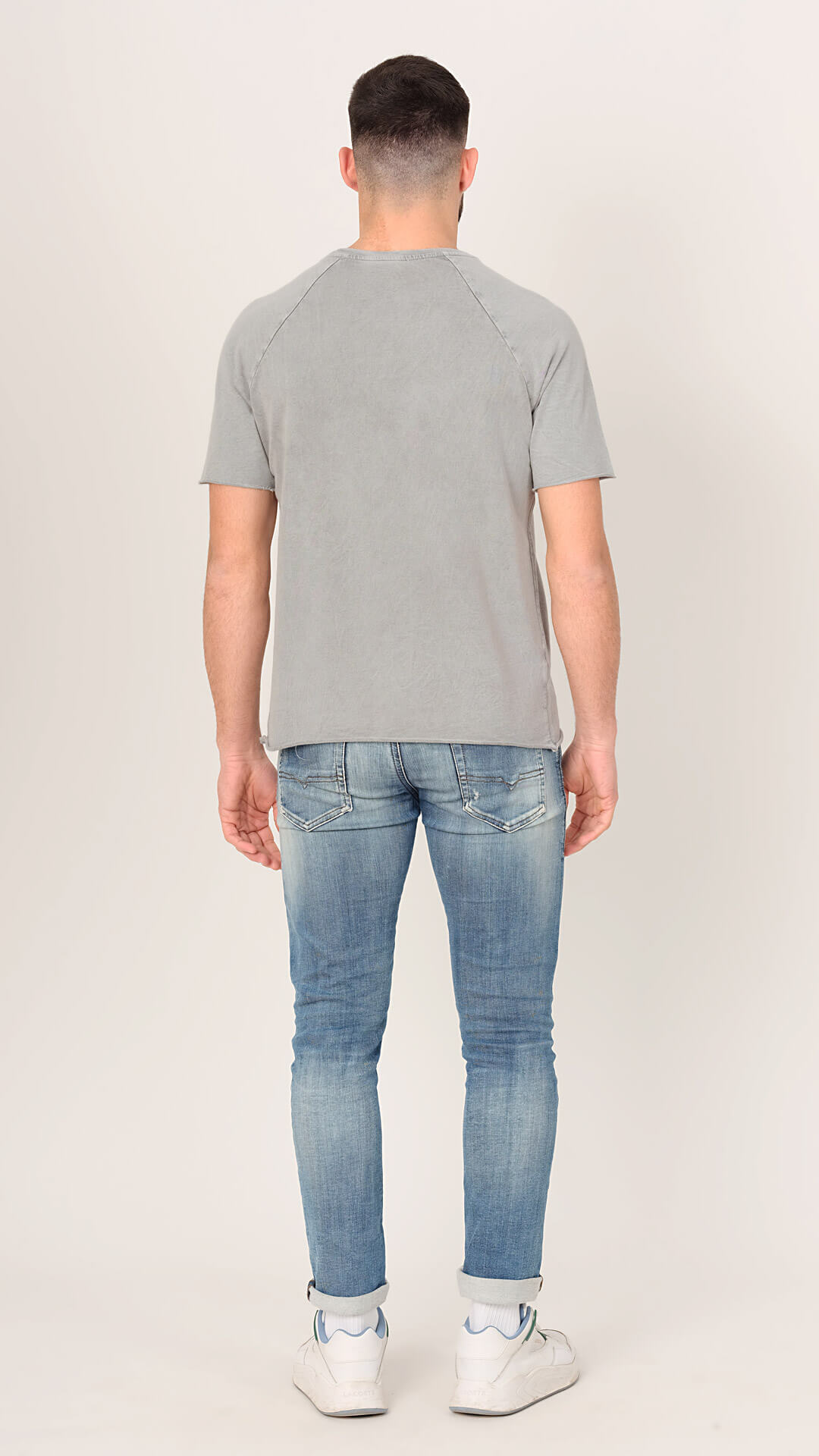 Men's Raglan T-Shirt in Light Grey, Back View.