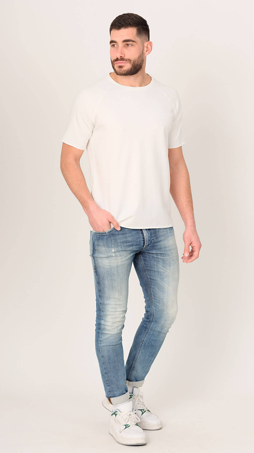 Men's Raglan T-Shirt in White, Front View.