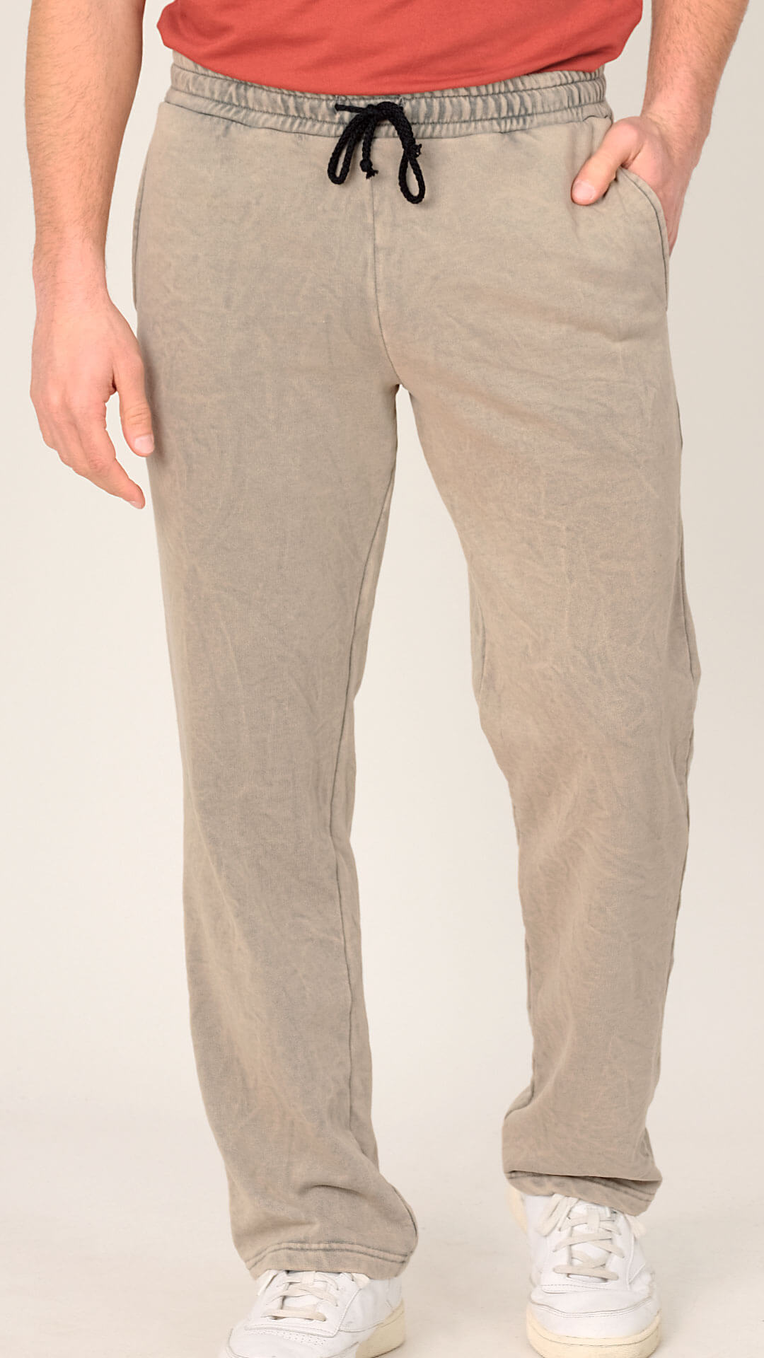 Stonewashed Cotton Sweatpants, Front View in Light Brown