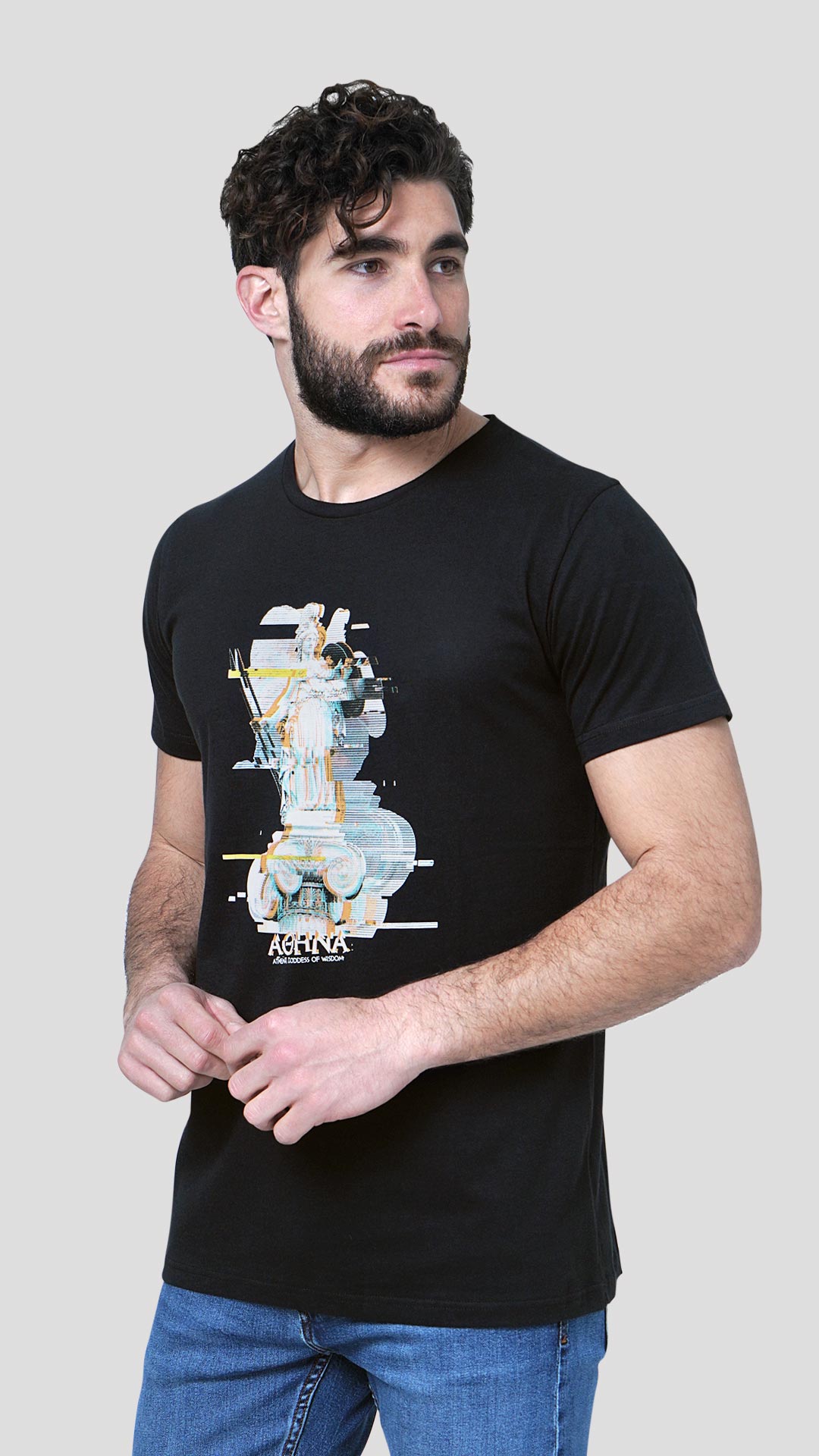 Athena T-Shirt with Glitch Effect Design, in Black, Front View