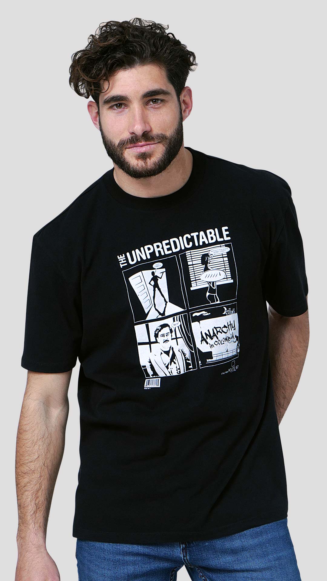 Escobar T-Shirt with Comic Design, in Black, Front View