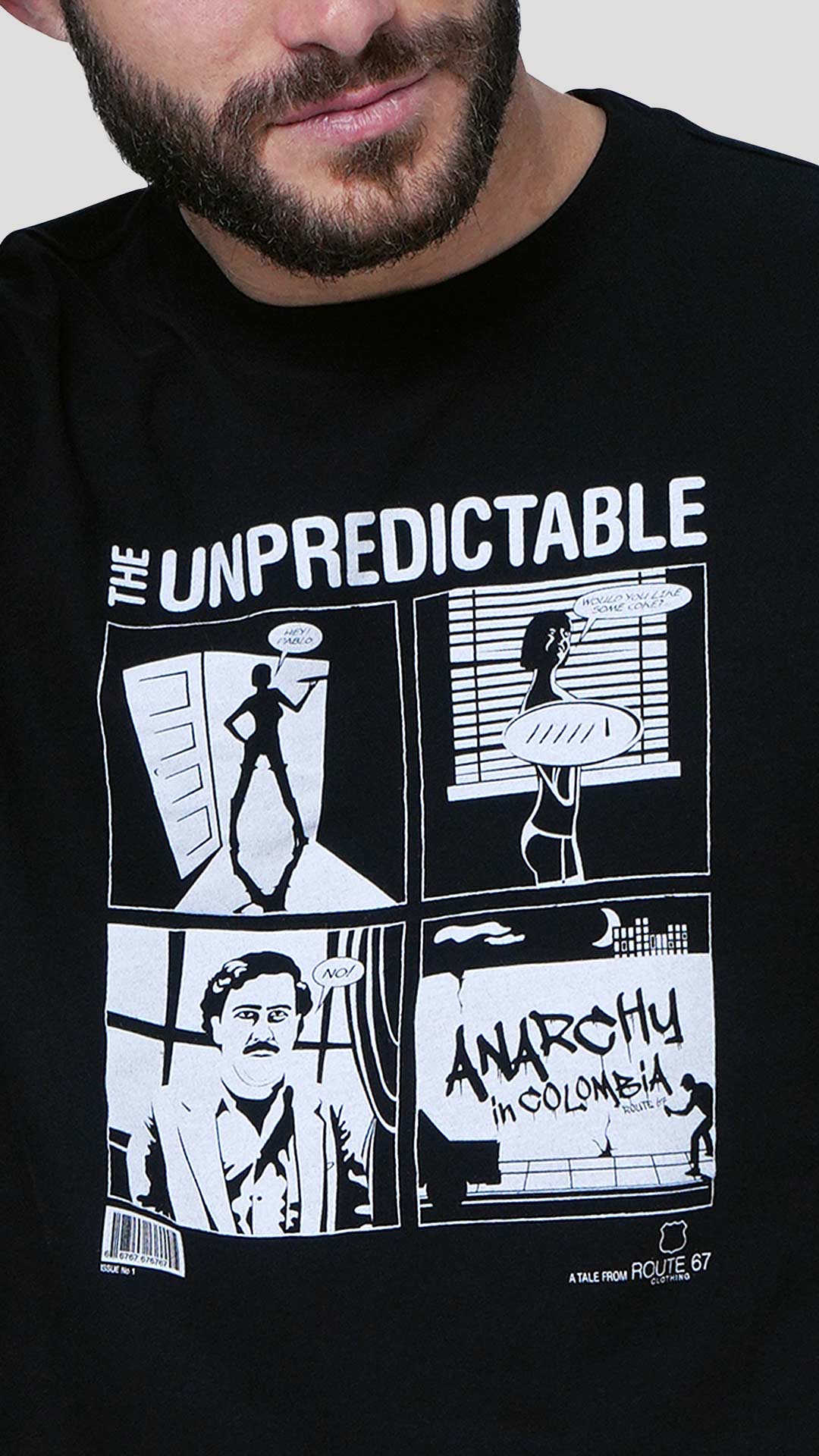 Escobar T-Shirt with Comic Design, in Black, Close Up