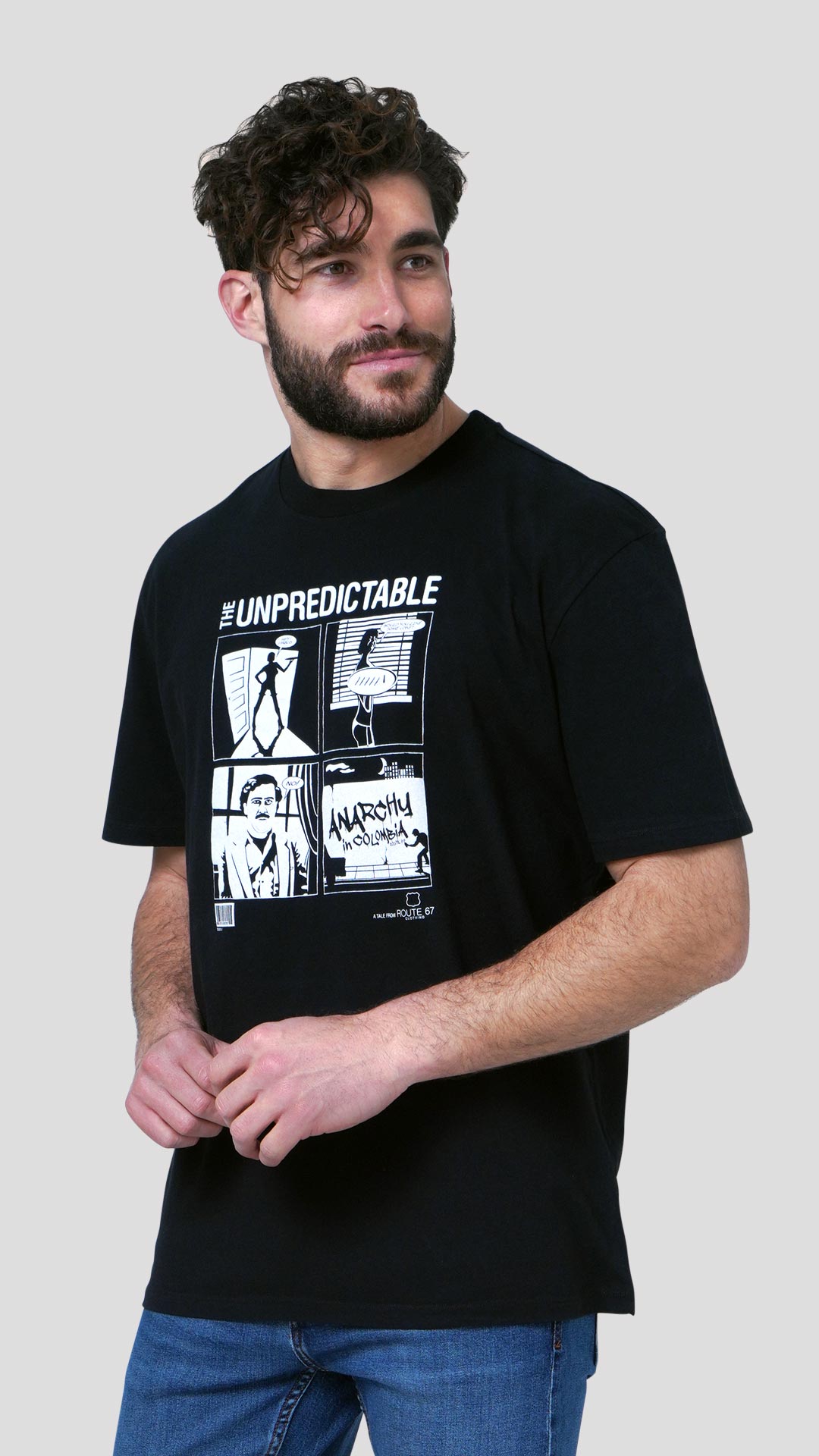 Escobar T-Shirt with Comic Design, in Black, Front View