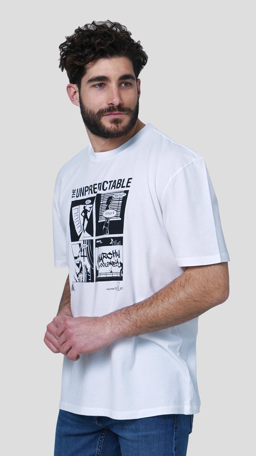 Escobar T-Shirt with Comic Design, in White, Side View