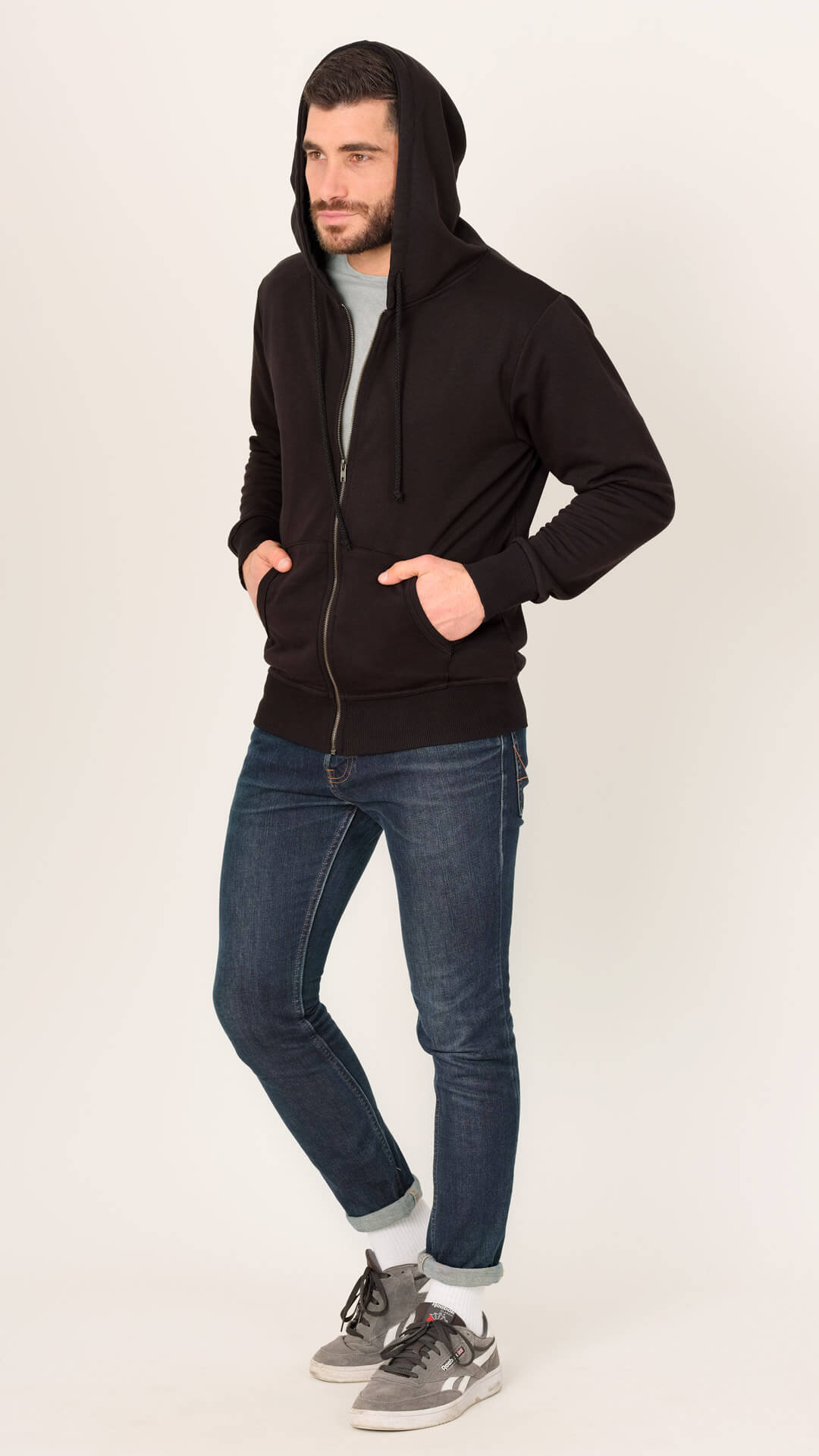 Tommy Zipped Hoodie Sweatshirt, Front View in Black