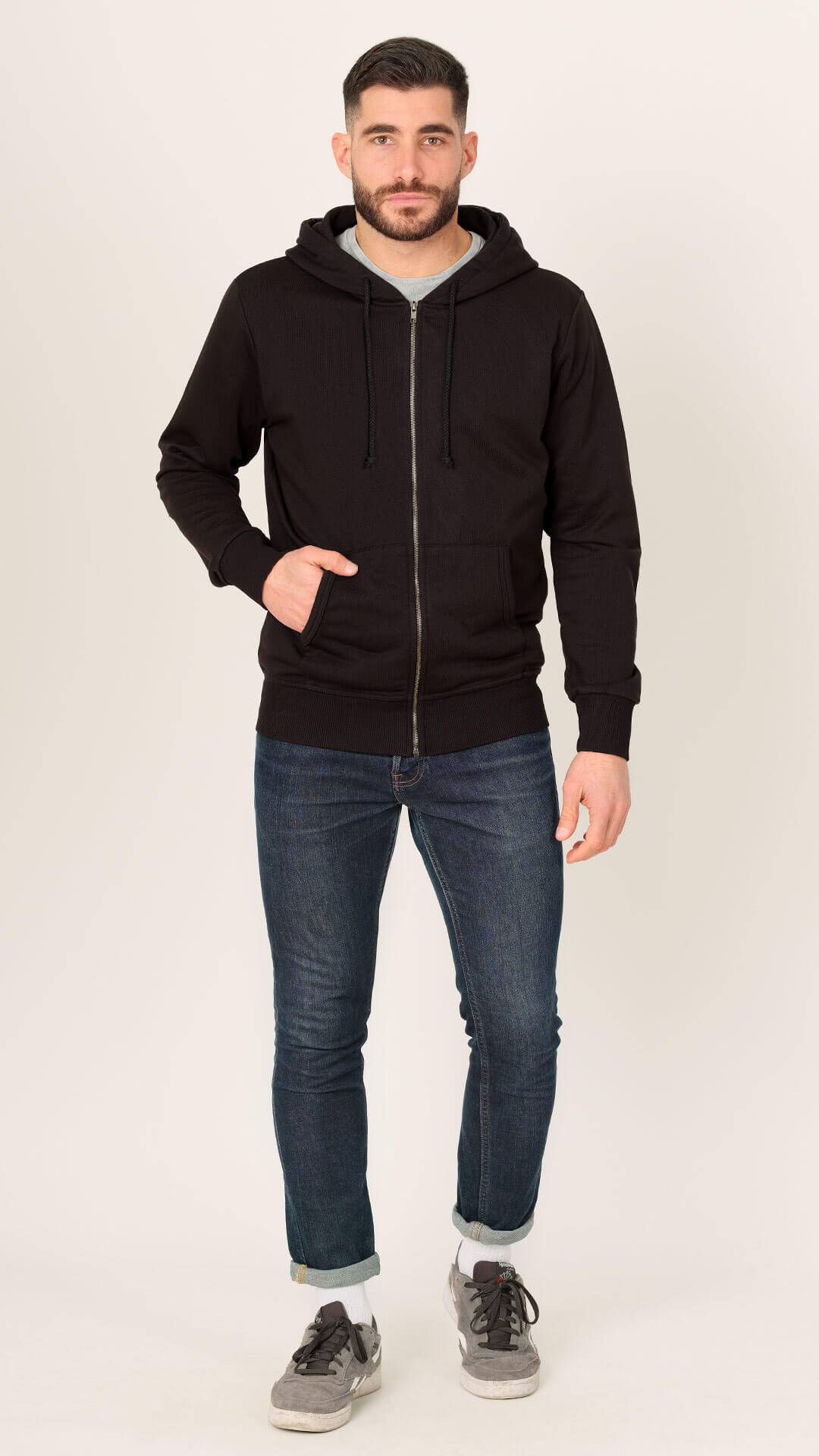 Tommy Zipped Hoodie Sweatshirt, Front View in Black