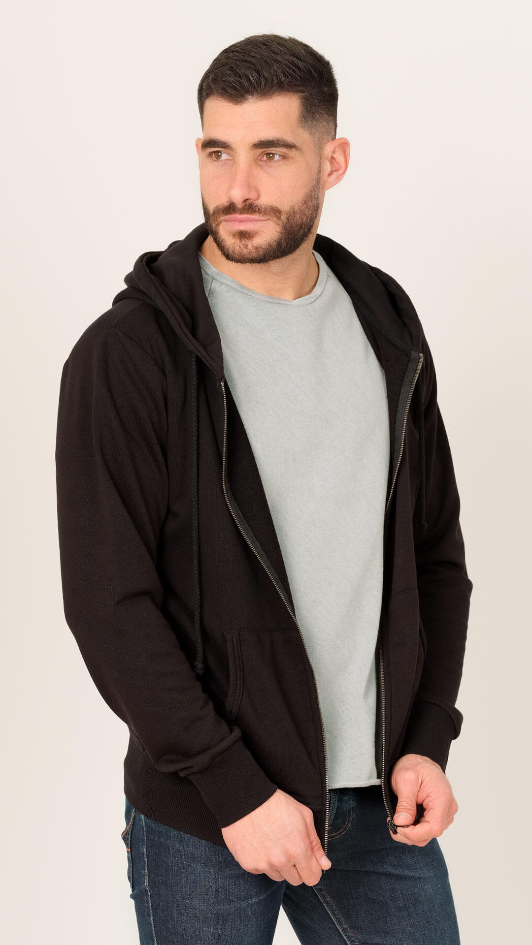 Tommy Zipped Hoodie Sweatshirt, Side View in Black