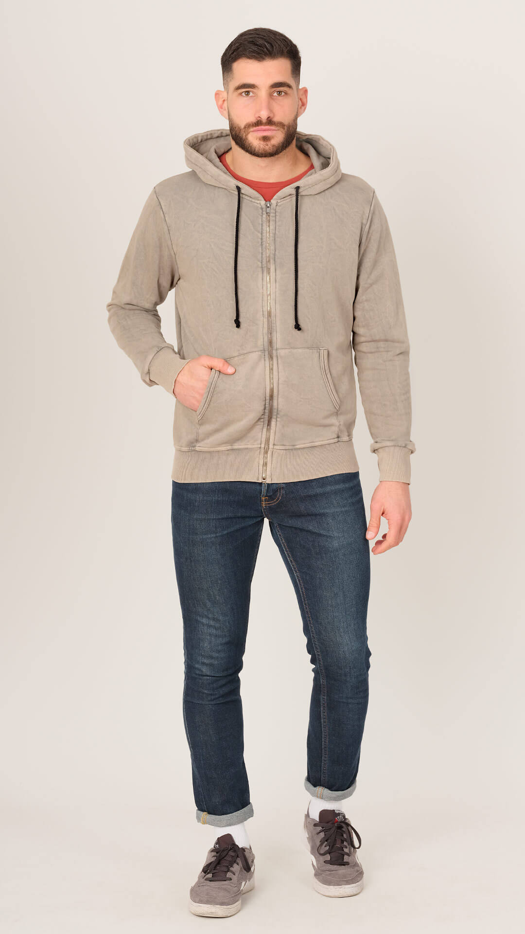 Tommy Zipped Hoodie Sweatshirt, Front View in Light Brown