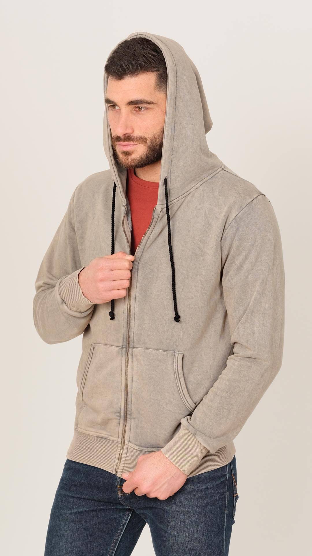 Tommy Zipped Hoodie Sweatshirt, Front View in Light Brown