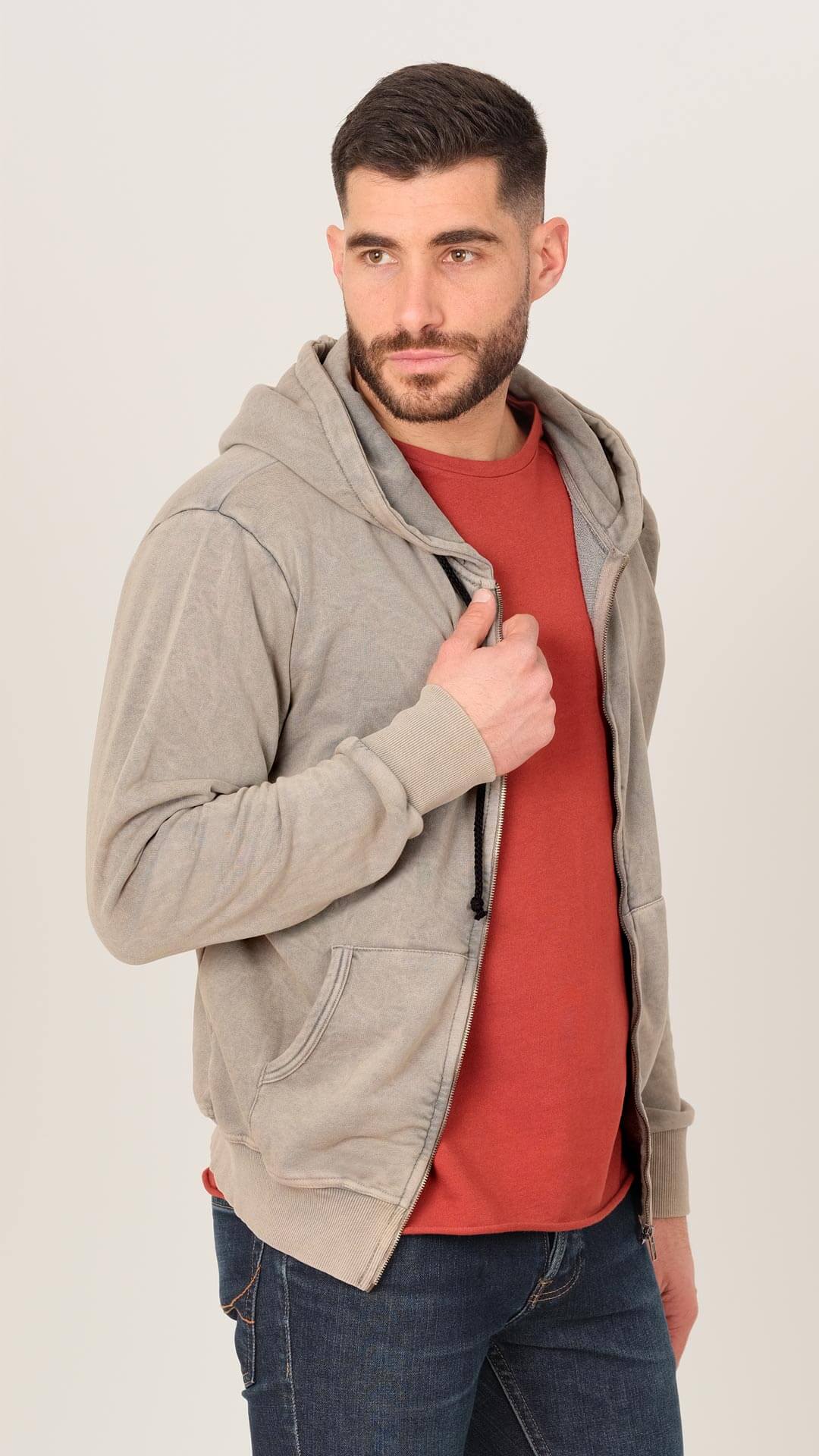 Tommy Zipped Hoodie Sweatshirt, Side View in Light Brown