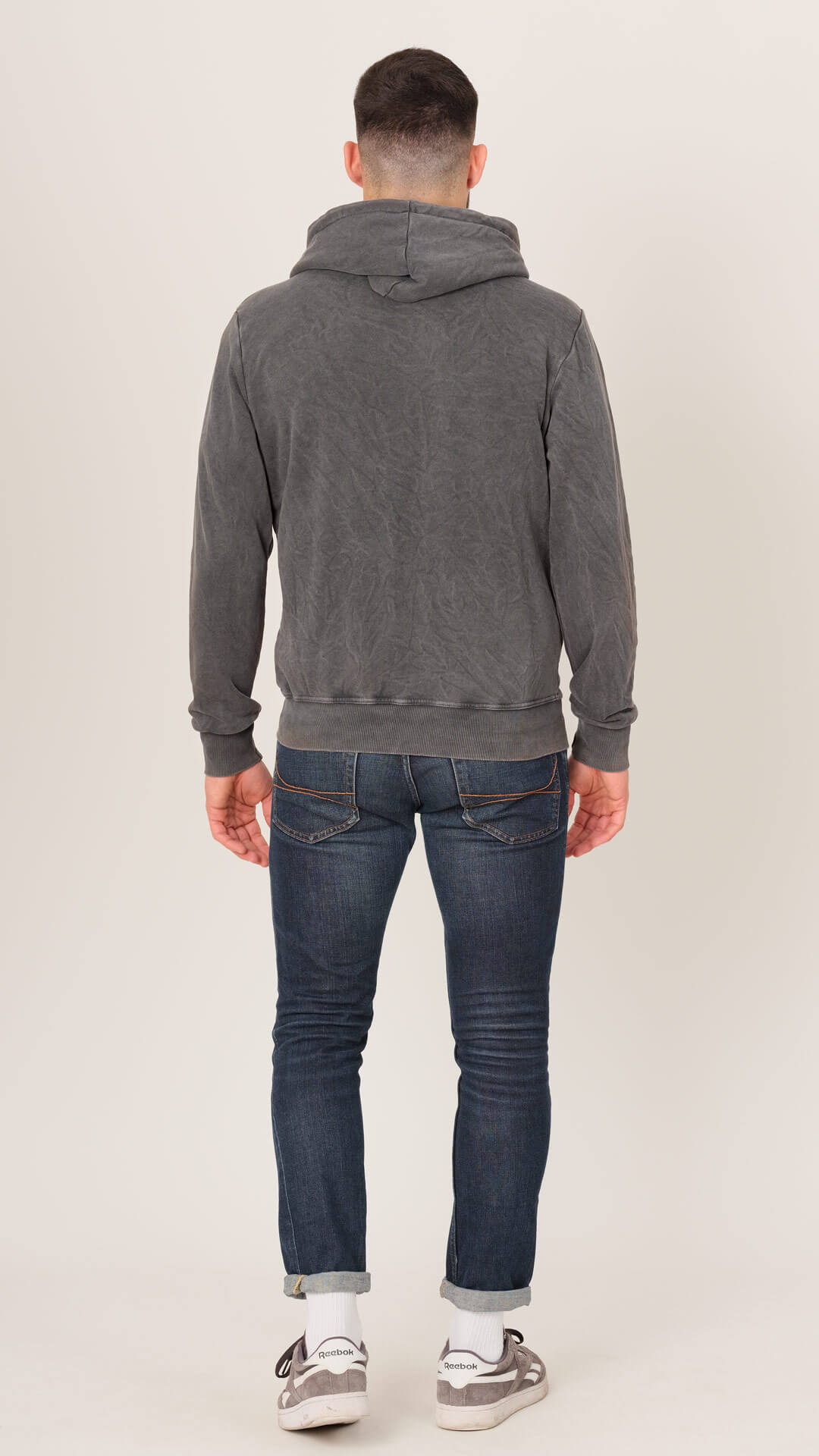 Tommy Zipped Hoodie Sweatshirt, Back View in Grey