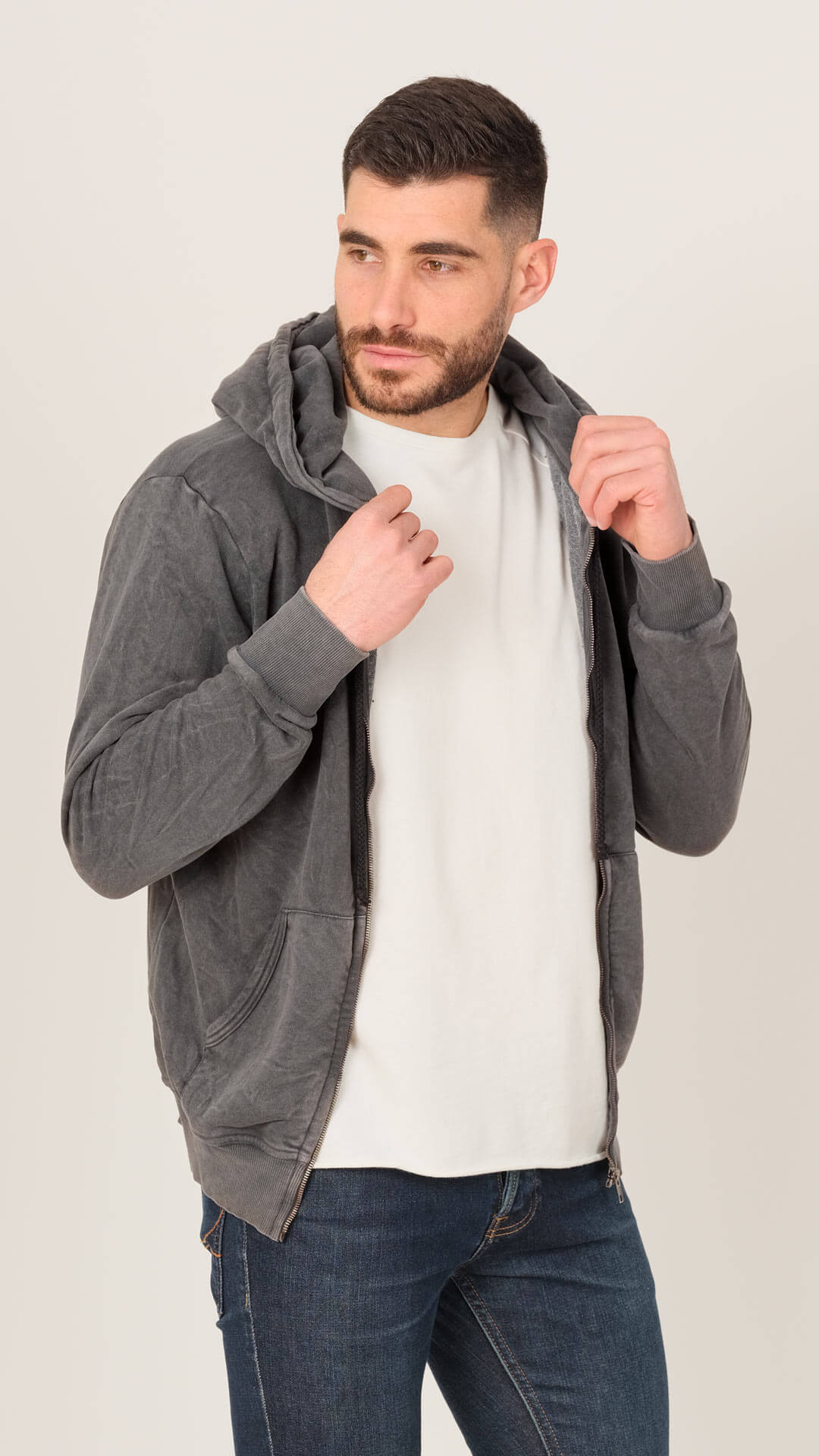 Tommy Zipped Hoodie Sweatshirt, Front View in Grey