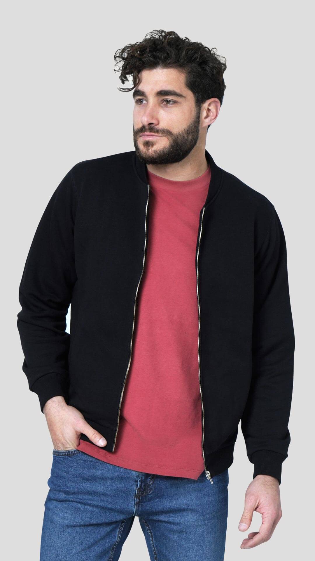 Bomber Style Cotton Jacket, Front View in Black