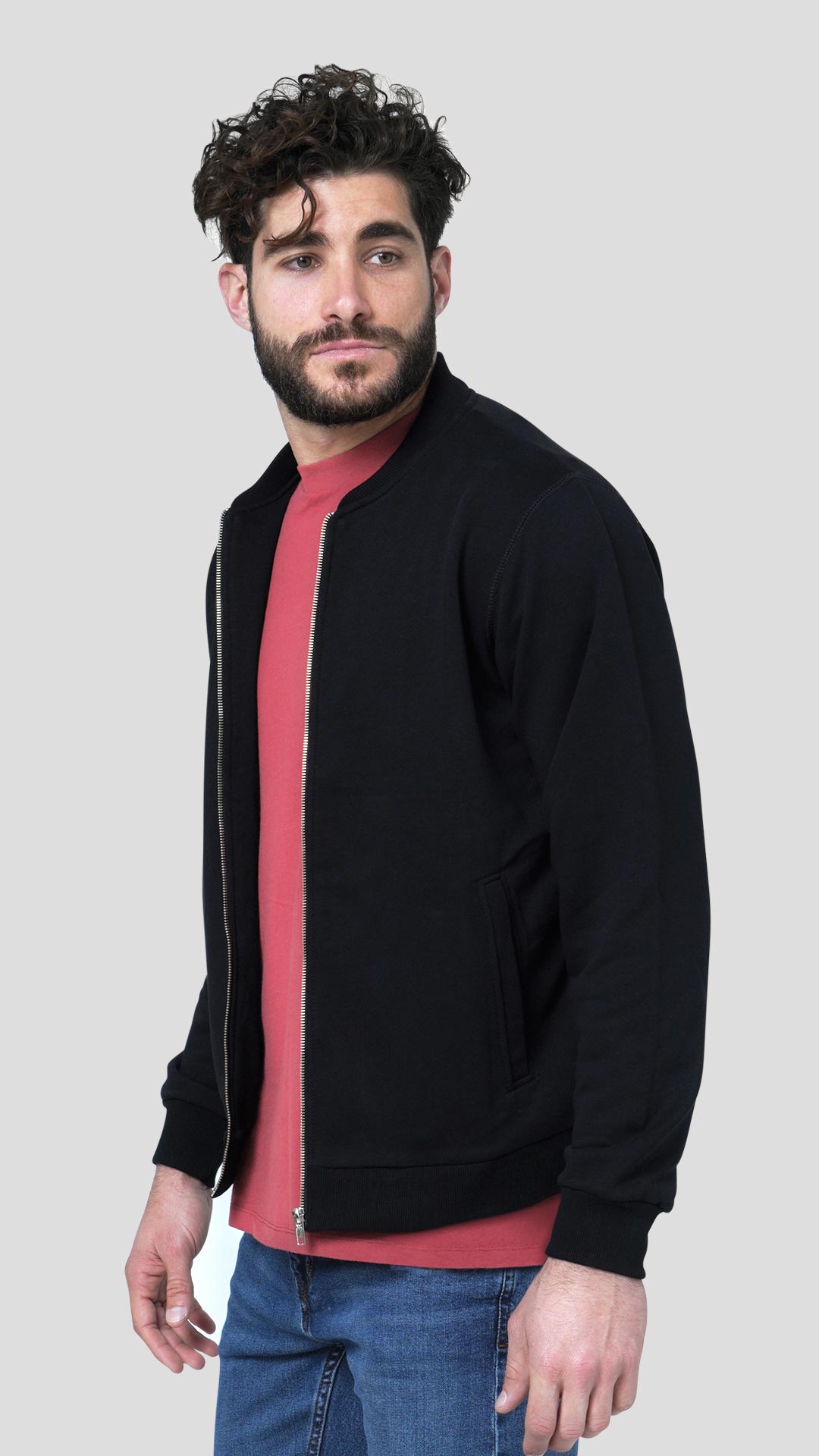 Bomber Style Cotton Jacket, Side View in Black