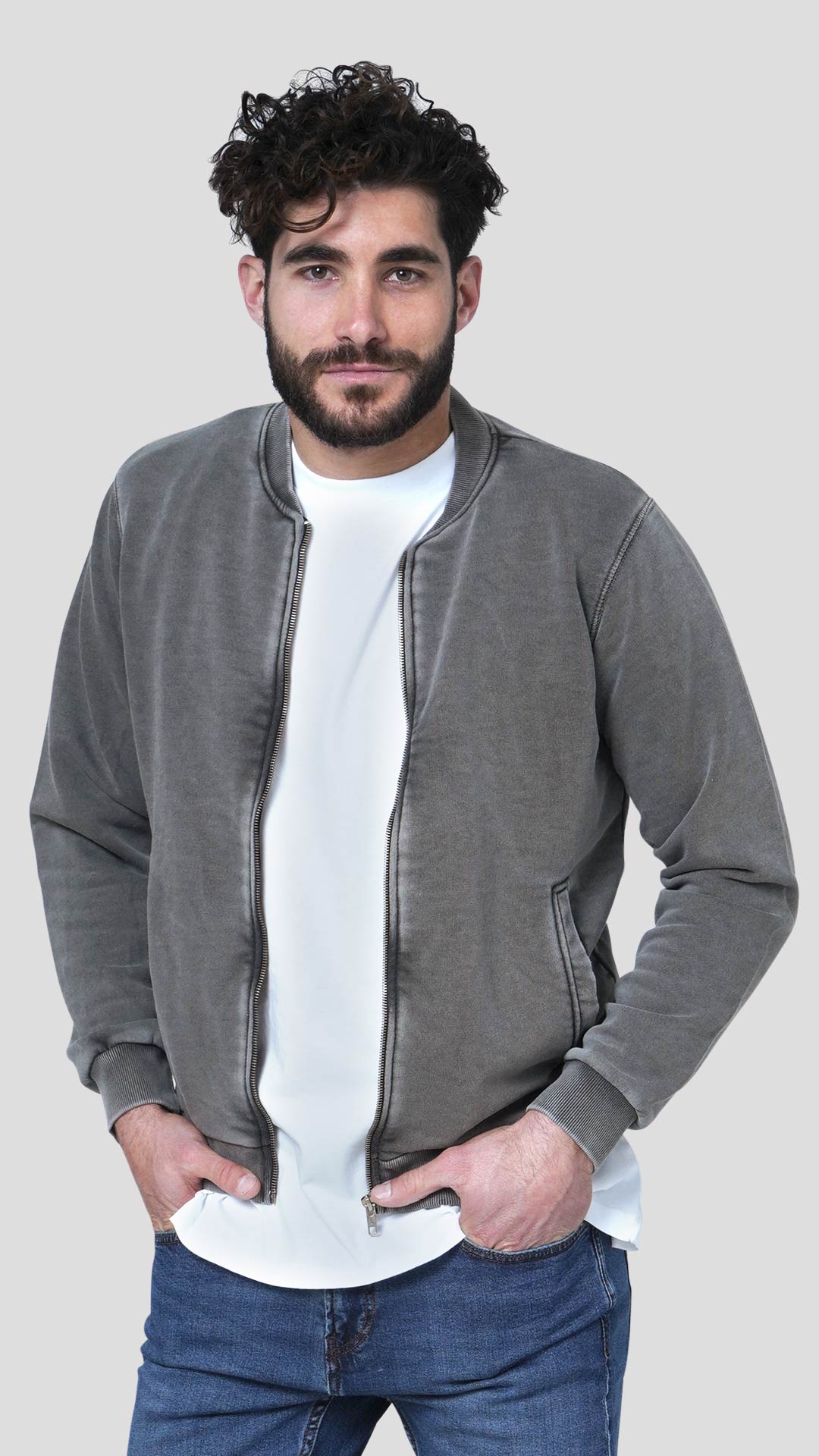 Bomber Style Cotton Jacket, Front View in Grey