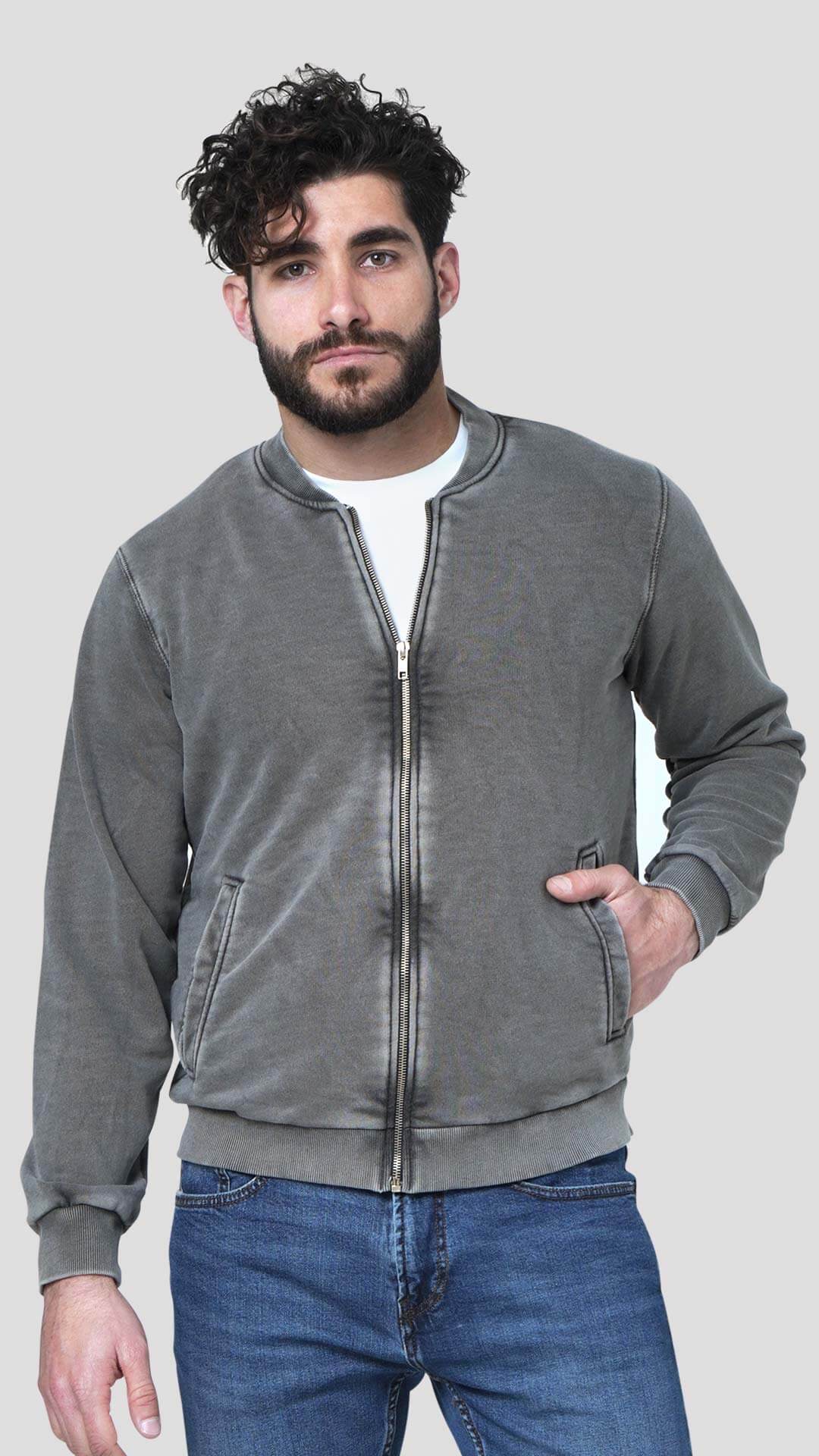 Bomber Style Cotton Jacket, Front View in Grey