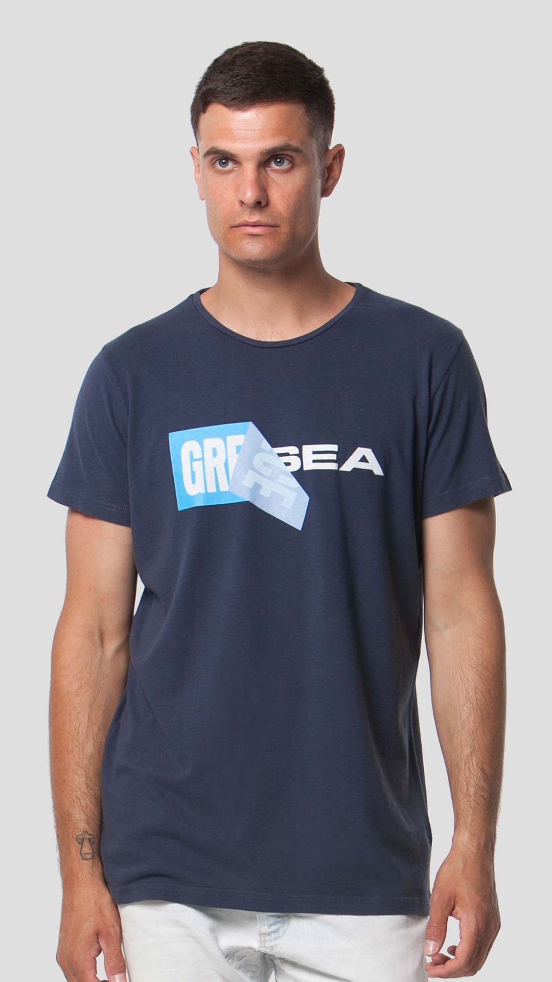 Greek Sea T-Shirt with Unfolding Print, in Blue, Front View
