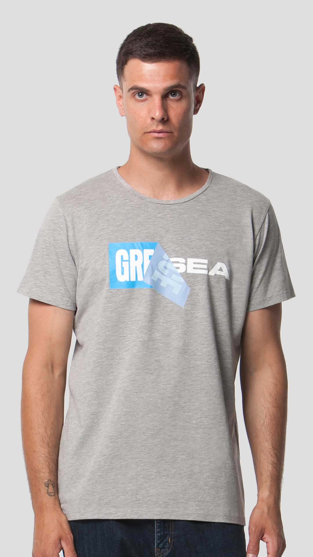 Greek Sea T-Shirt with Unfolding Print, in Light Grey, Front View