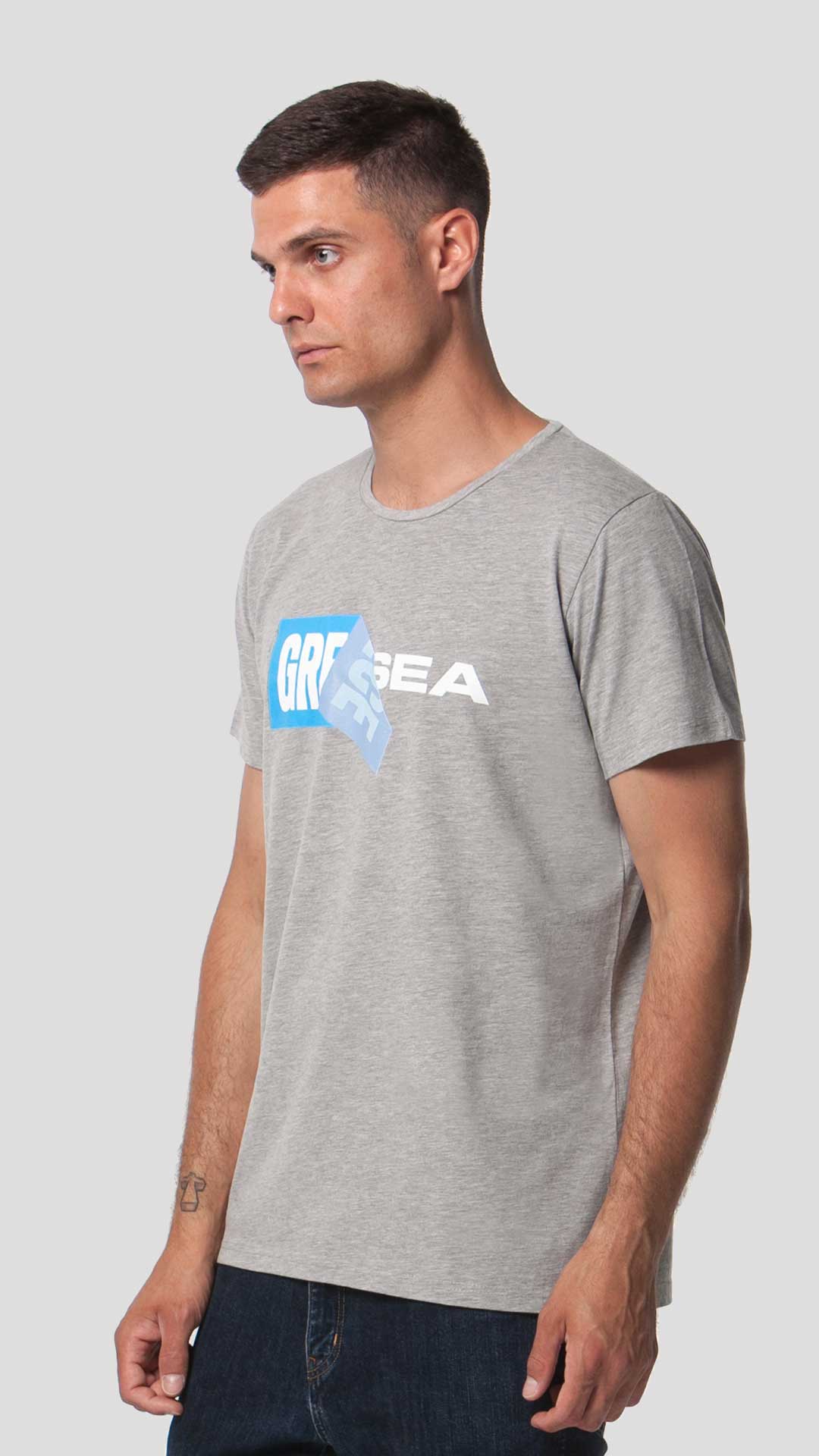Greek Sea T-Shirt with Unfolding Print, in Light Grey, Side View