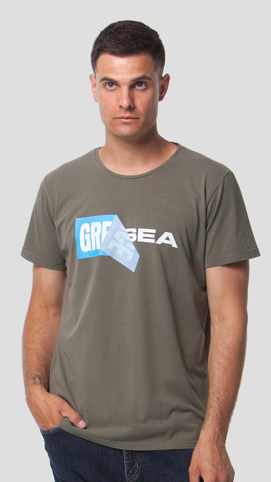 Greek Sea T-Shirt with Unfolding Print, in Khaki, Front View