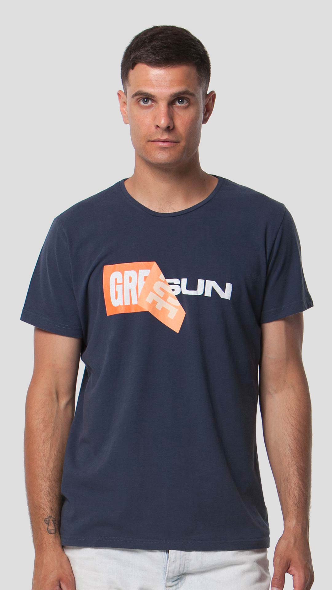 Greek Sun T-Shirt with Unfolding Print, in Dark Blue, Front View