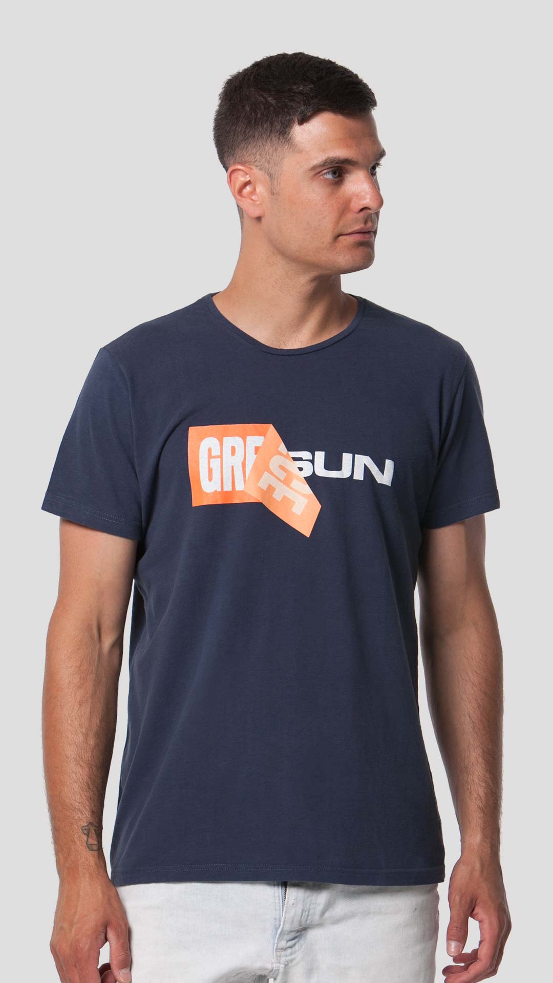 Greek Sun T-Shirt with Unfolding Print, in Dark Blue, Front View