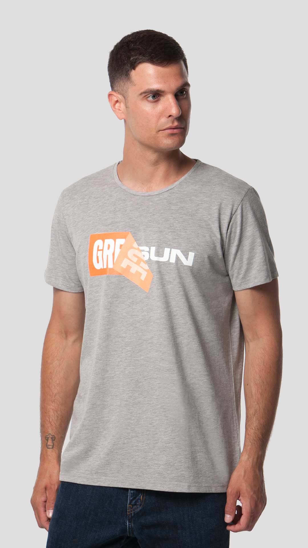 Greek Sun T-Shirt with Unfolding Print, in Light Grey, Front View