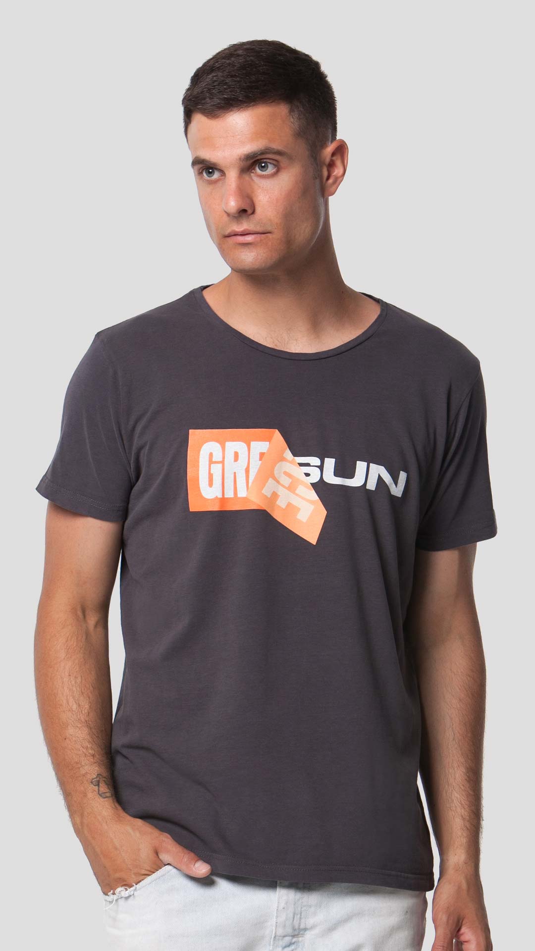 Greek Sun T-Shirt with Unfolding Print, in Dark Grey, Front View