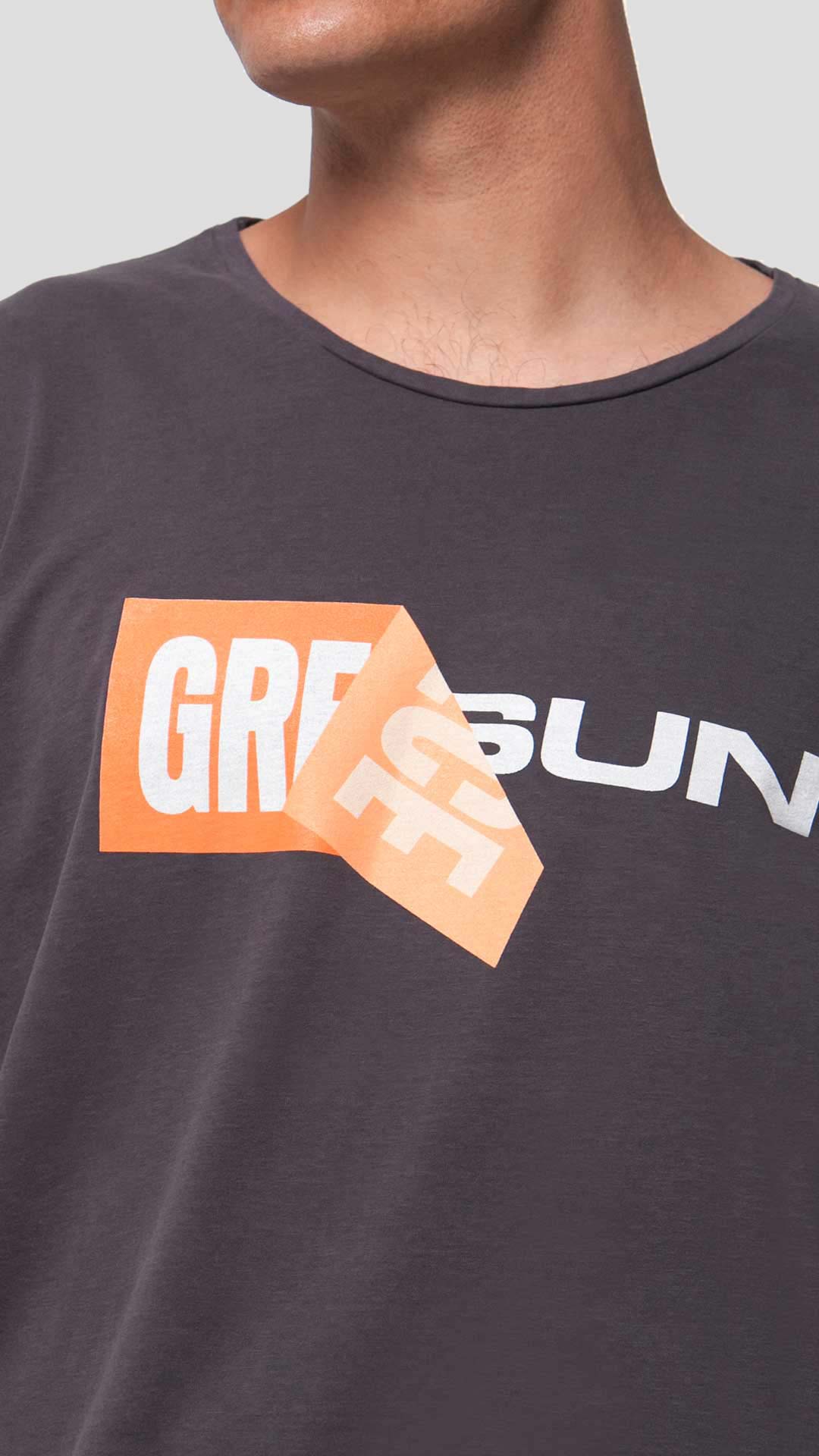 Greek Sun T-Shirt with Unfolding Print, in Dark Grey, Close Up