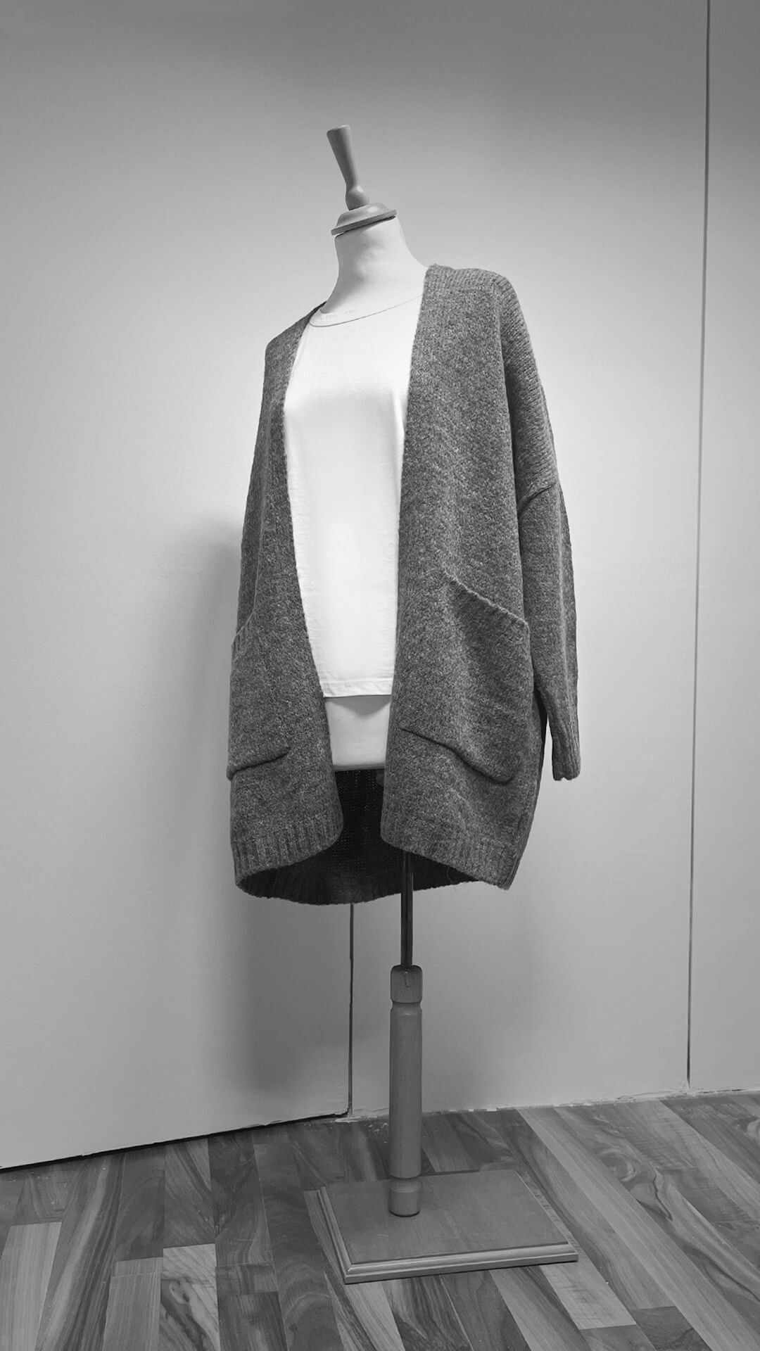 Soft Yarn Blend Cardigan, Side View, in Grey