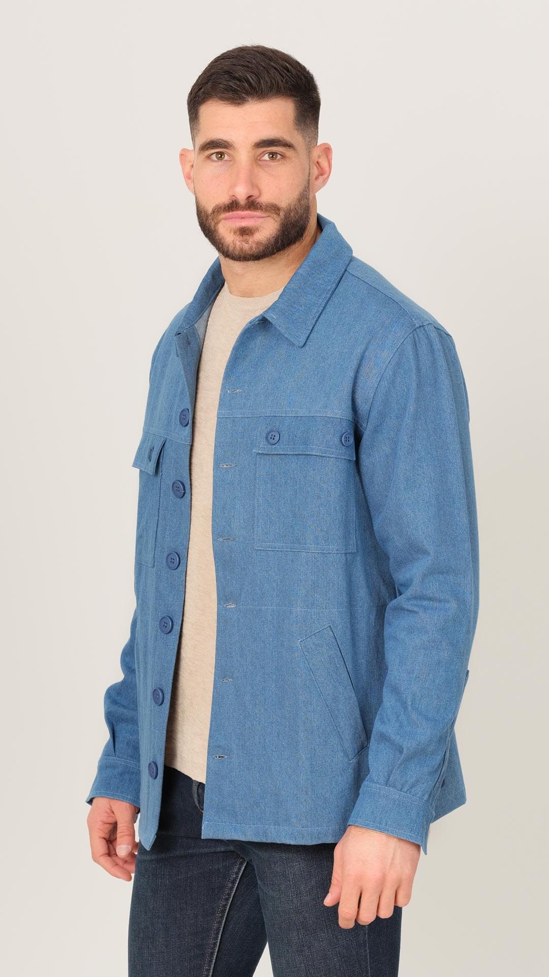 Denim Jacket with Shirt Collar, Side View in Blue