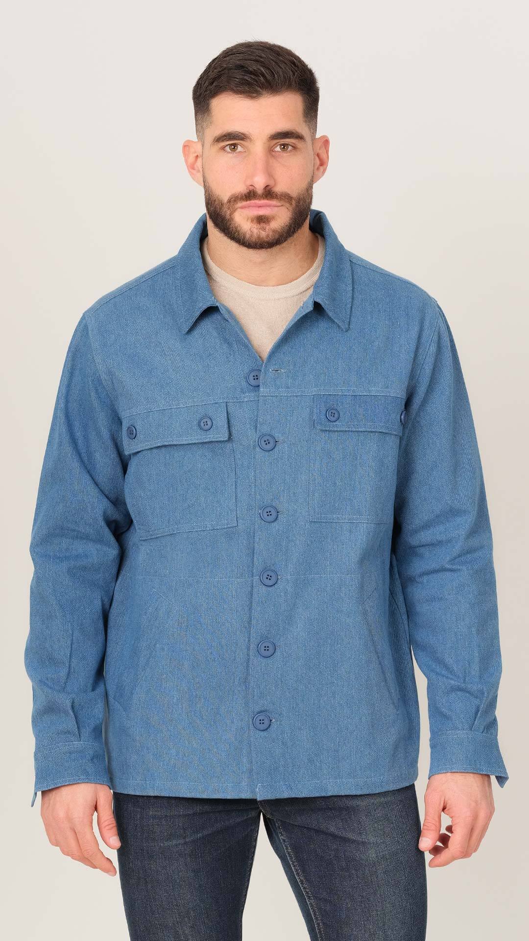 Denim Jacket with Shirt Collar, Front View in Blue