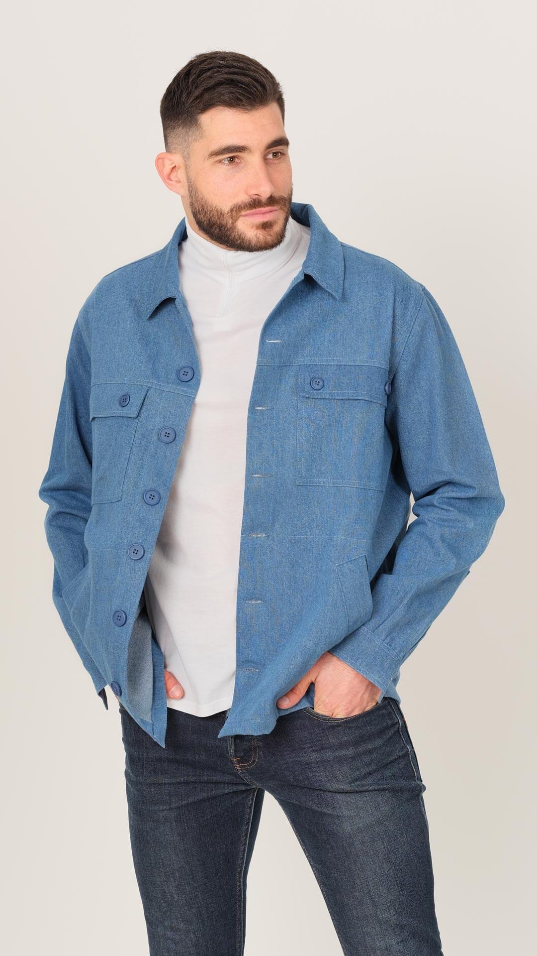 Denim Jacket with Shirt Collar, Front View in Blue