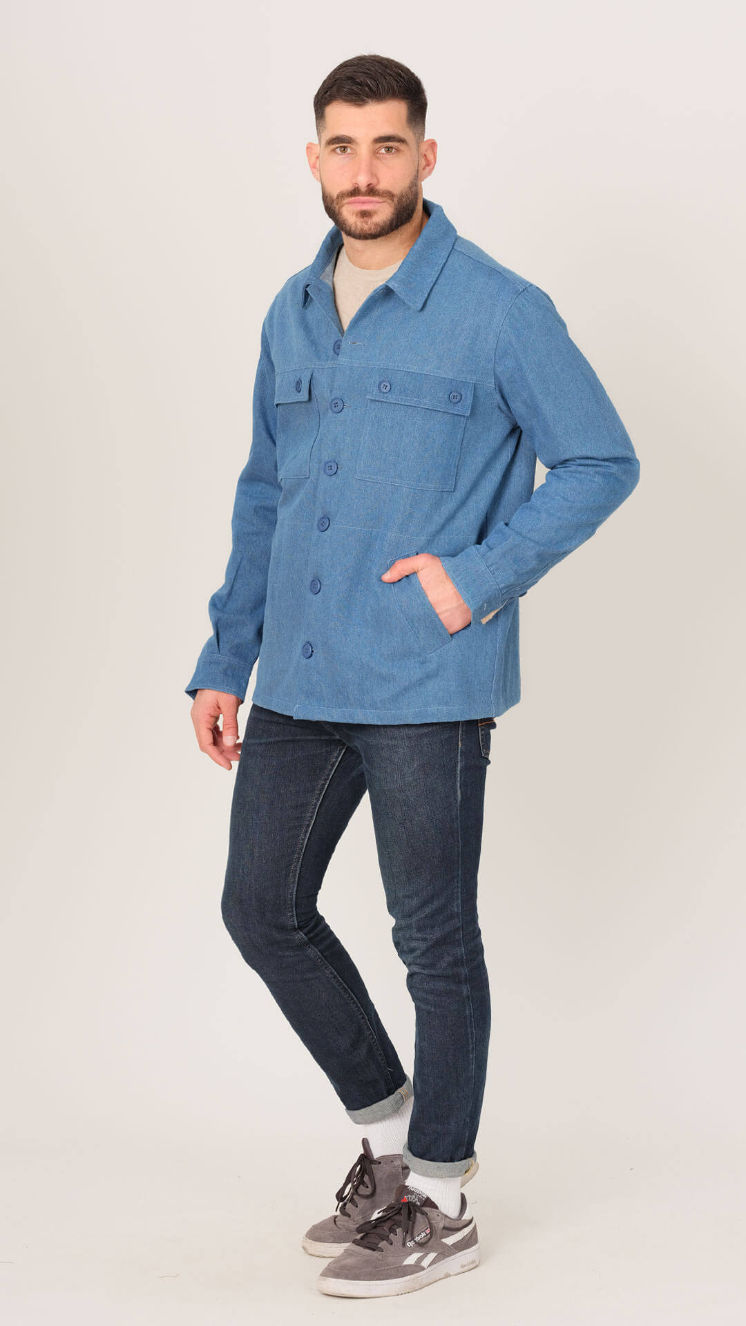 Denim Jacket with Shirt Collar, Side View in Blue