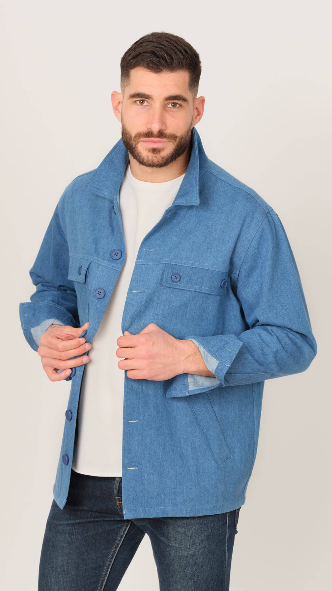 Denim Jacket with Shirt Collar, Front View in Blue