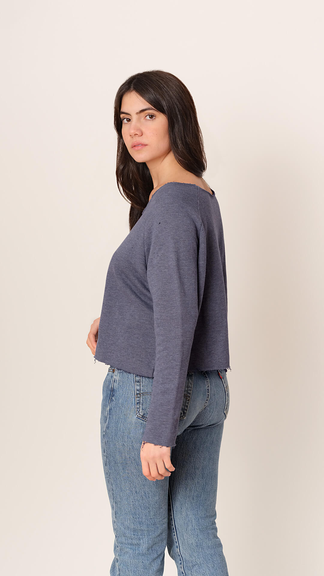 Raw Cut Boat Neck Sweatshirt, Side View, in Blue