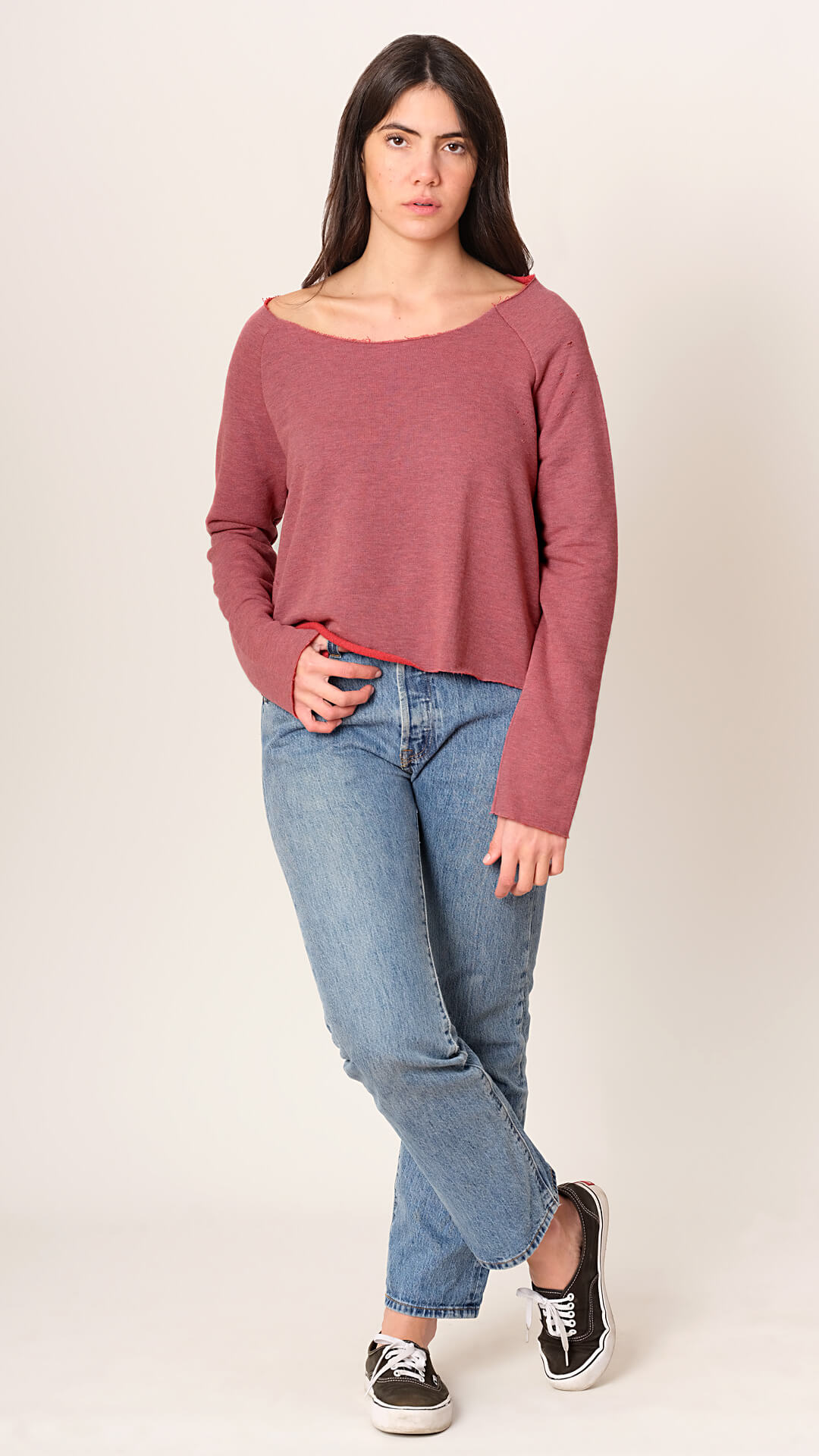 Raw Cut Boat Neck Sweatshirt, Front View, in Red