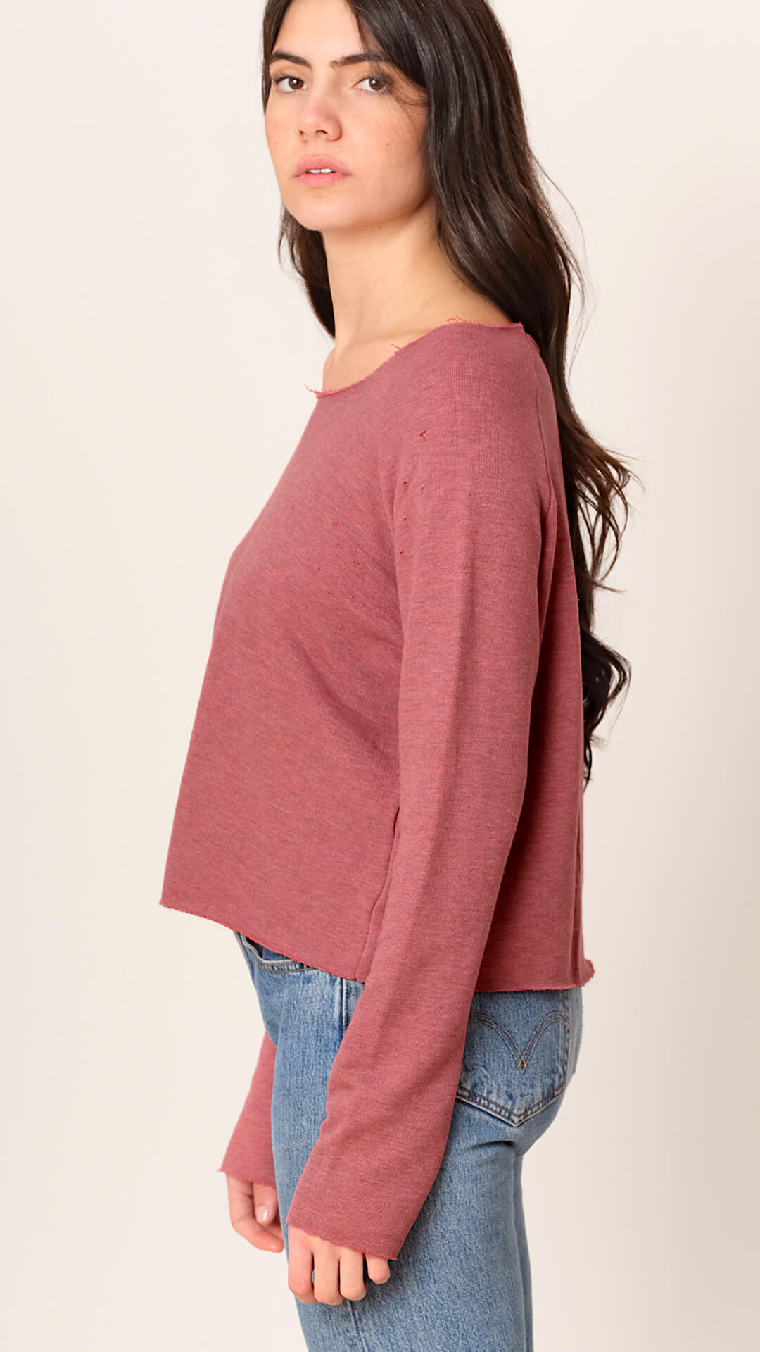 Raw Cut Boat Neck Sweatshirt, Side View, in Red