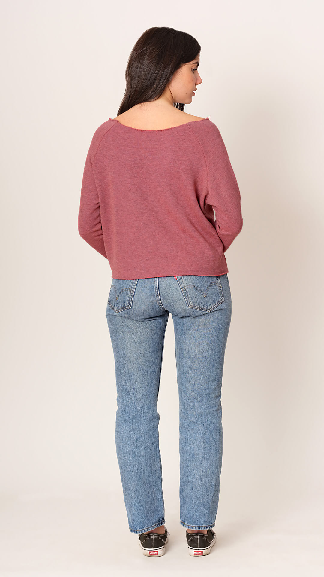 Raw Cut Boat Neck Sweatshirt, Back View, in Red