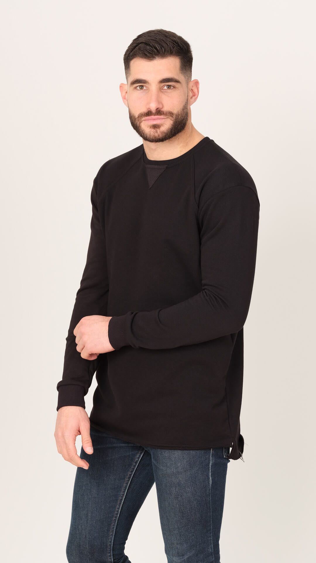 Dougal Sweatshirt with Raw Cut Design, Front View in Black