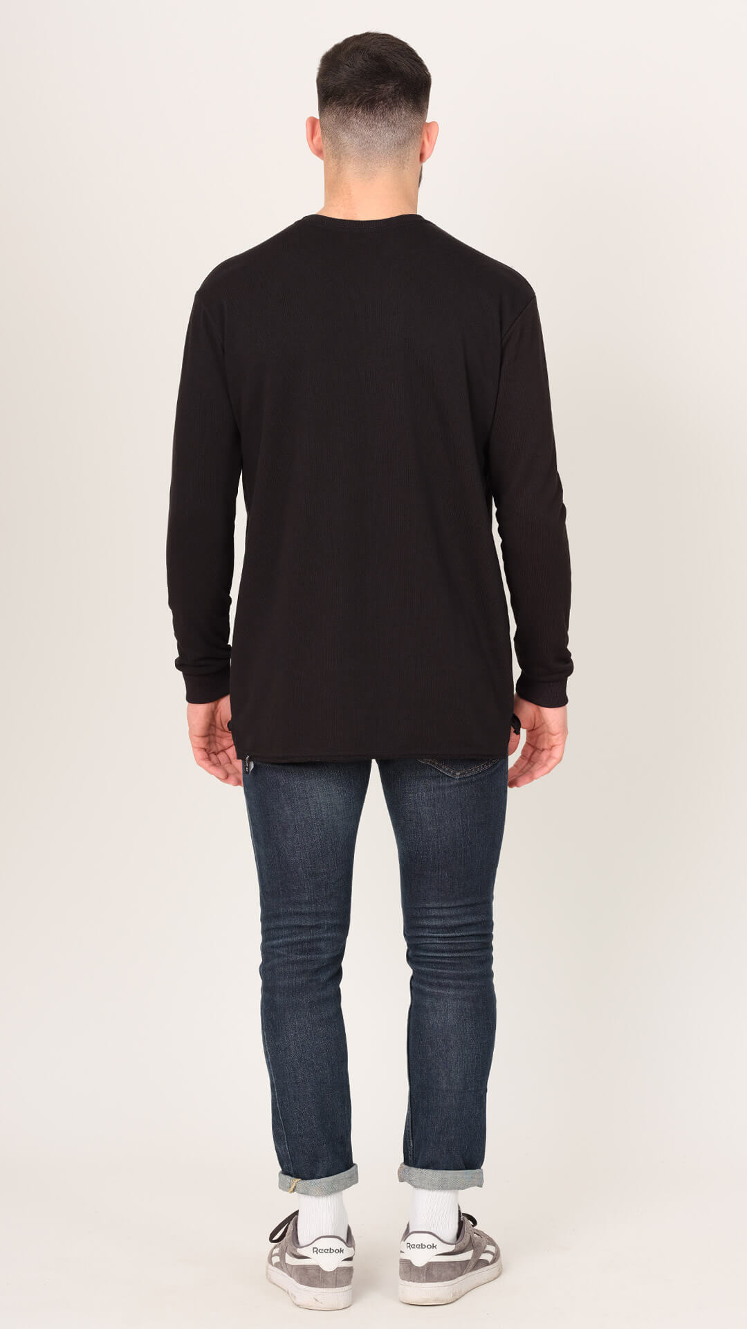 Dougal Sweatshirt with Raw Cut Design, Back View in Black