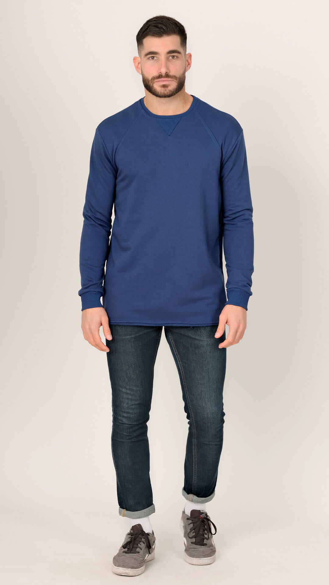 Dougal Sweatshirt with Raw Cut Design, Front View in Blue