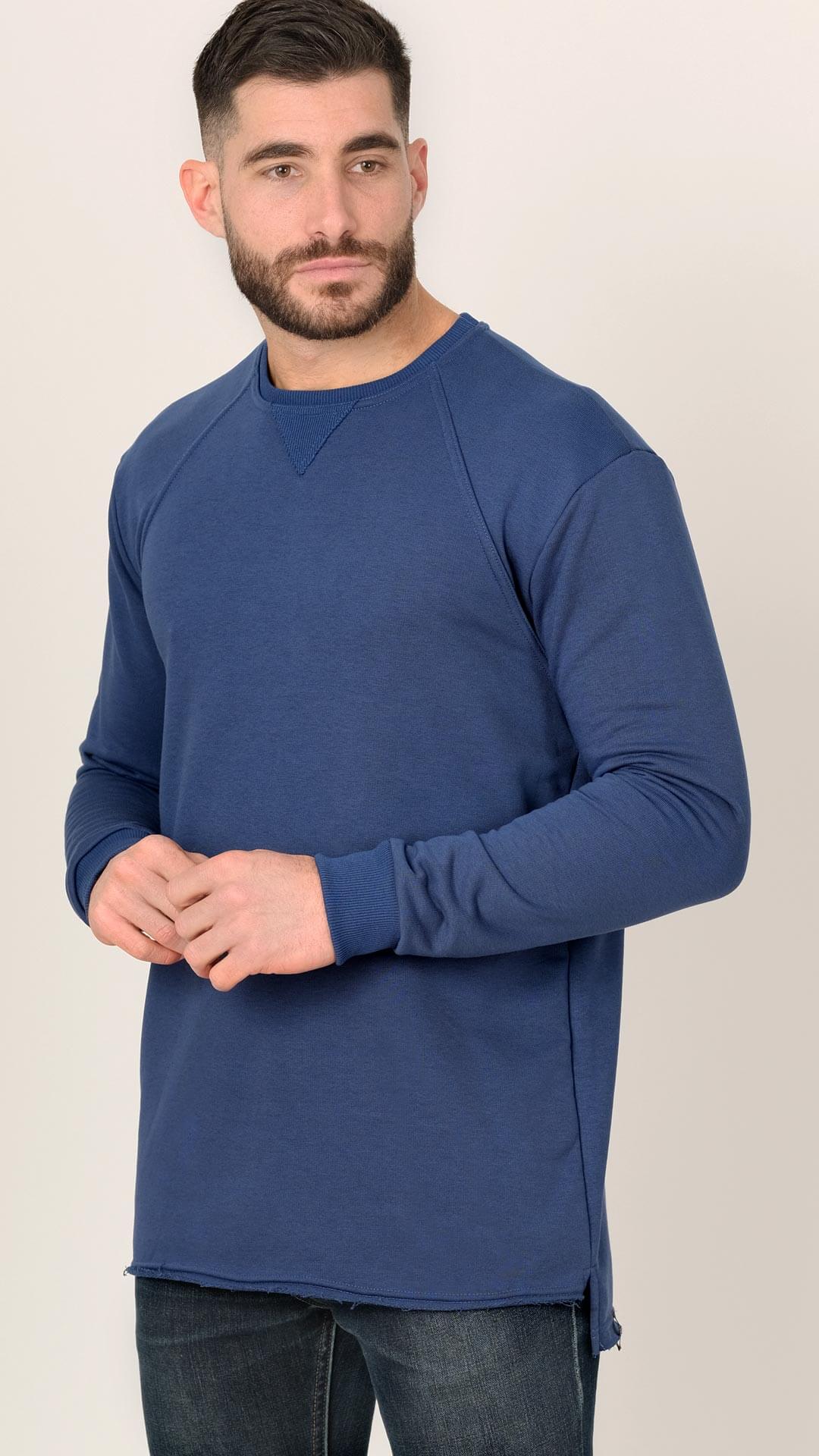 Dougal Sweatshirt with Raw Cut Design, Front View in Blue