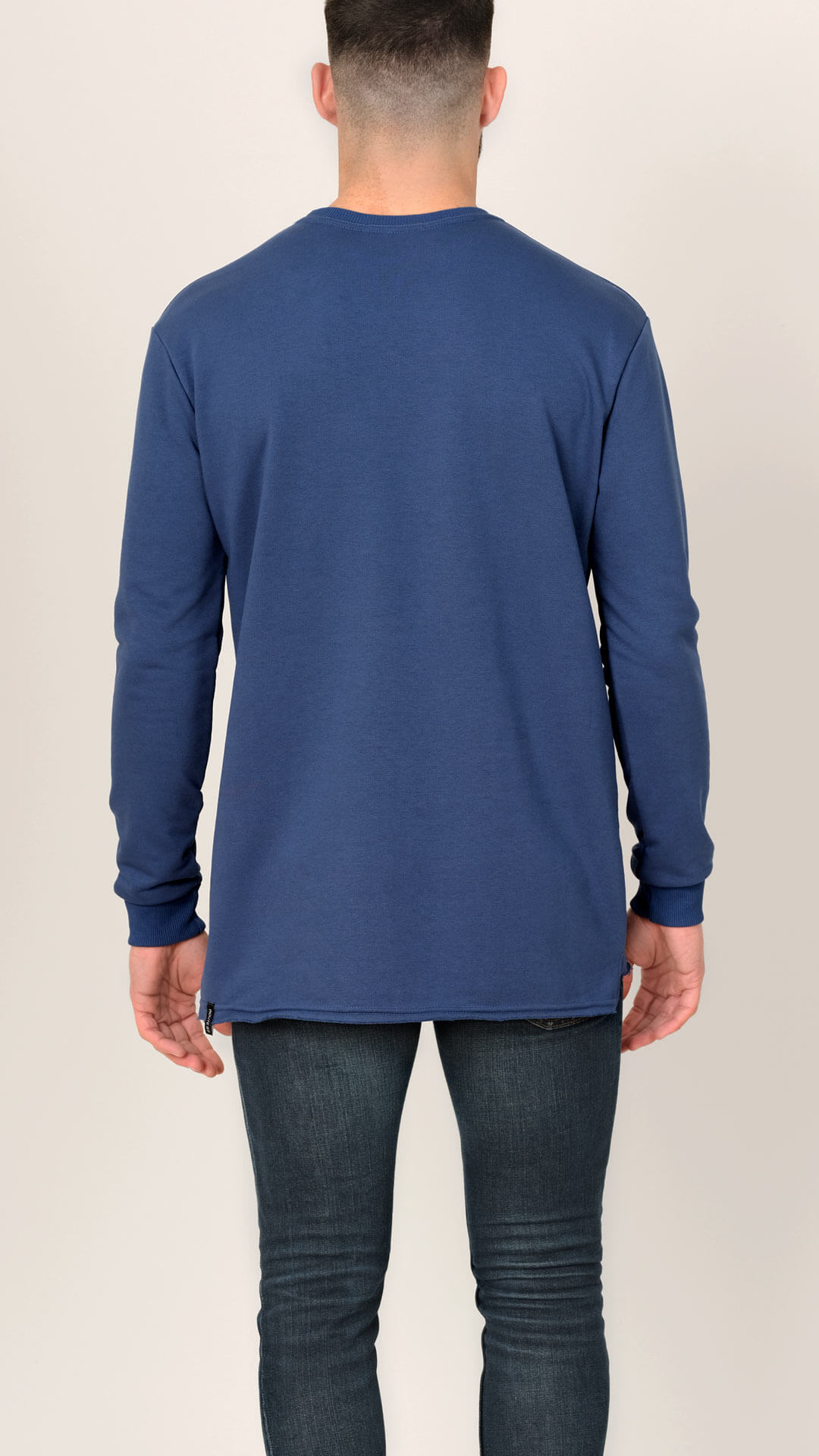 Dougal Sweatshirt with Raw Cut Design, Back View in Blue