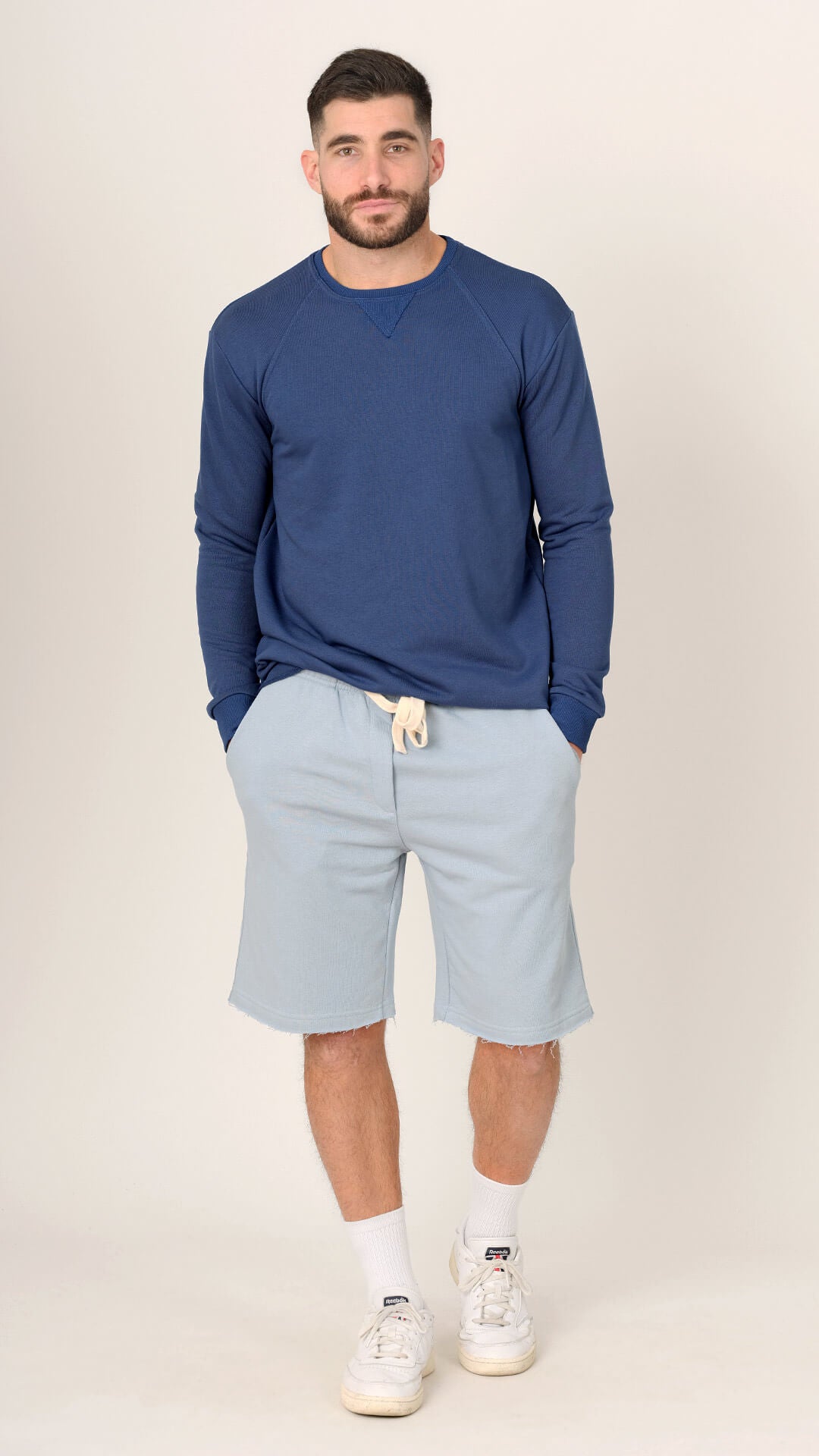 Dougal Sweatshirt with Raw Cut Design, Front View in Blue