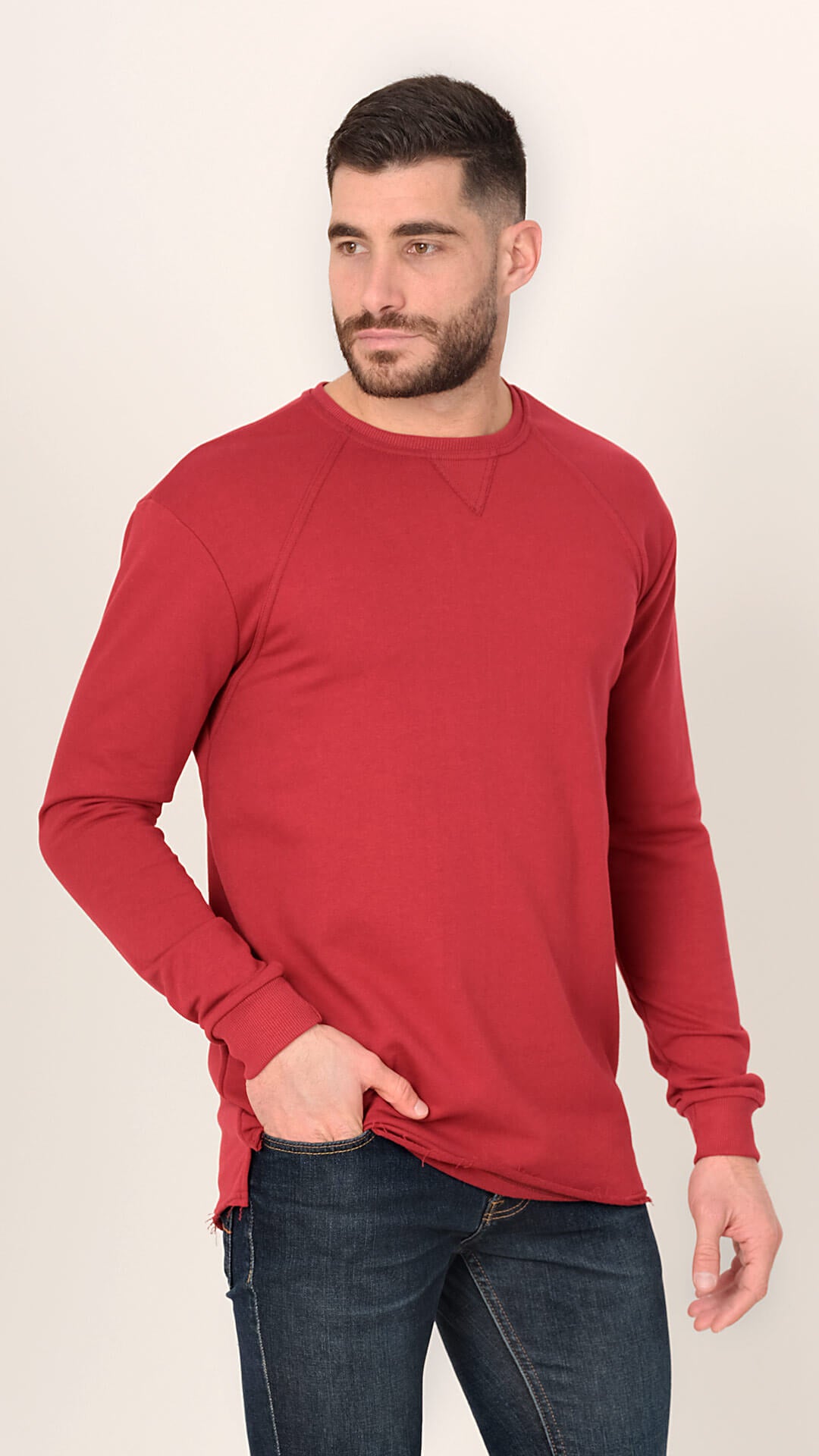 Dougal Sweatshirt with Raw Cut Design, Front View in Red