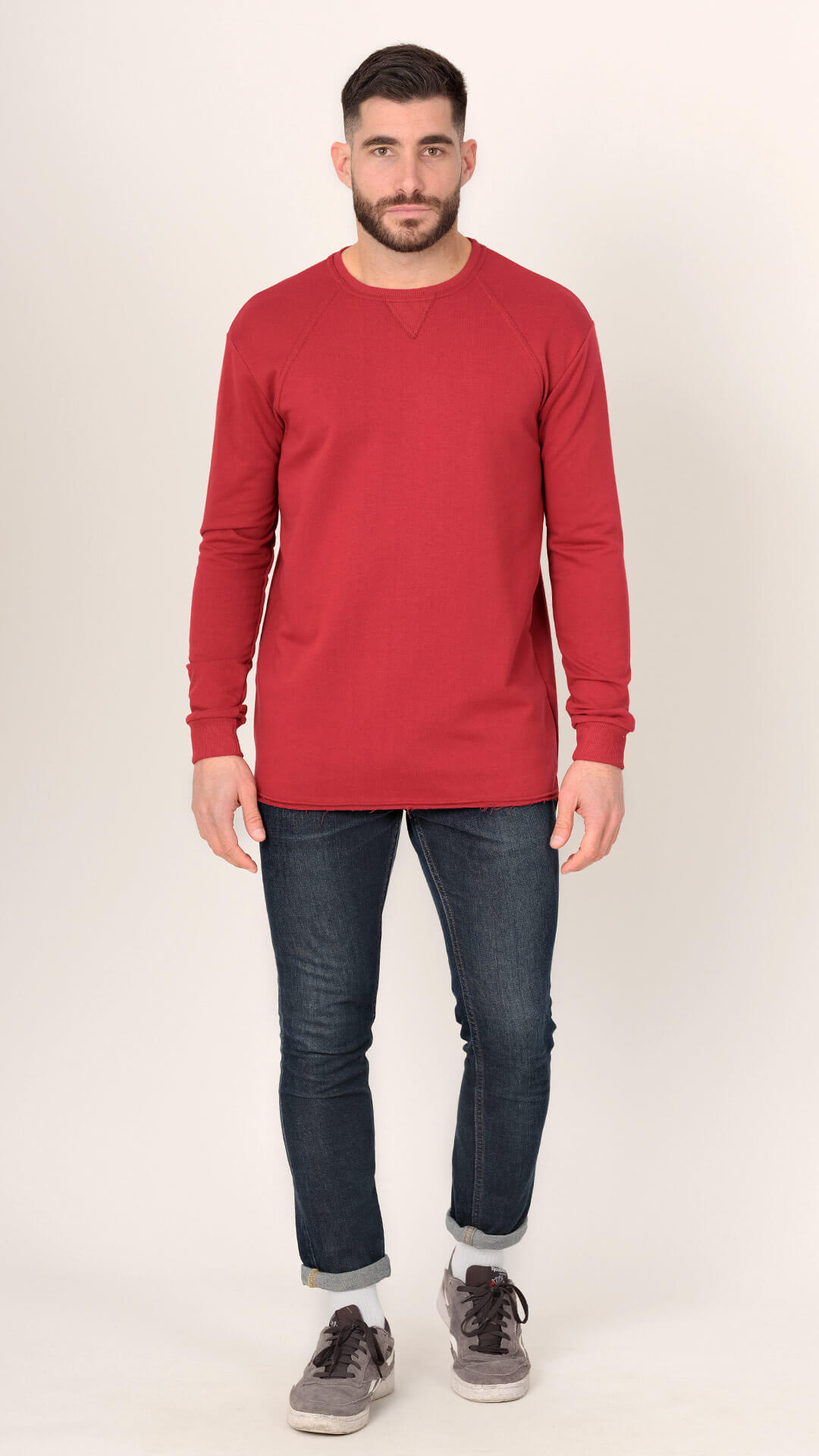 Dougal Sweatshirt with Raw Cut Design, Front View in Red